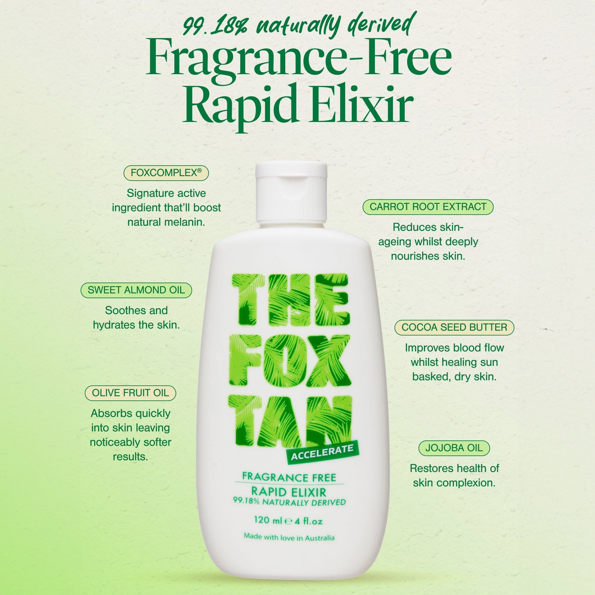 The Fox Tan Fragrance Free Rapid Tanning Elixir, Melanin Booster, abbronzatura rapida, 120ml