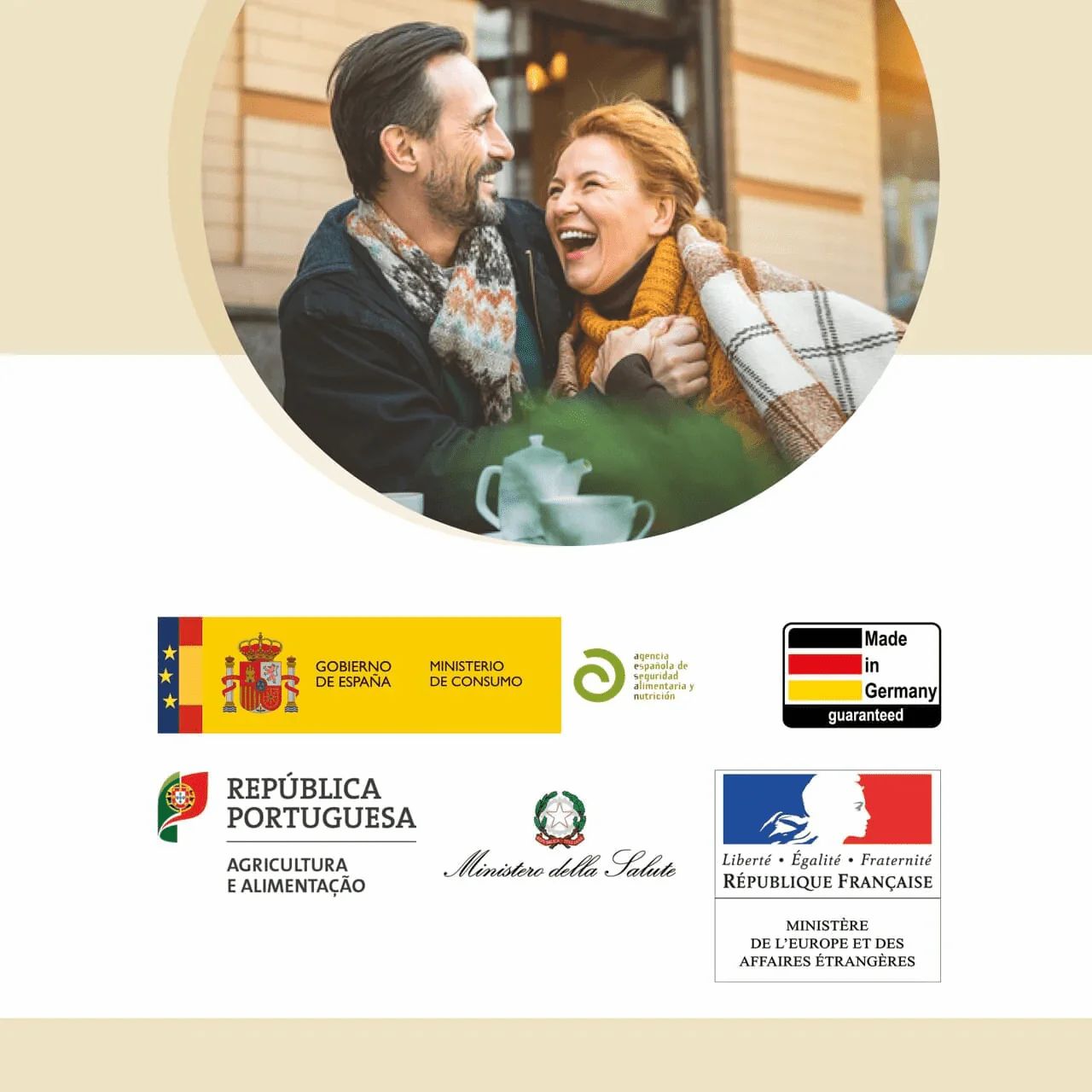 Vari loghi di agenzie governative e marchi di qualità, tra cui "Made in Germany" e loghi di Spagna, Portogallo, Italia e Francia.