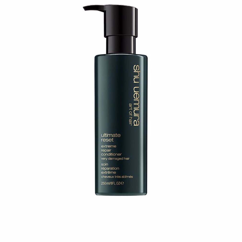 Flacone verde scuro con dispenser a pompa. Shu Uemura Ultimate Reset Extreme Repair Conditioner per capelli molto danneggiati. 250ml.