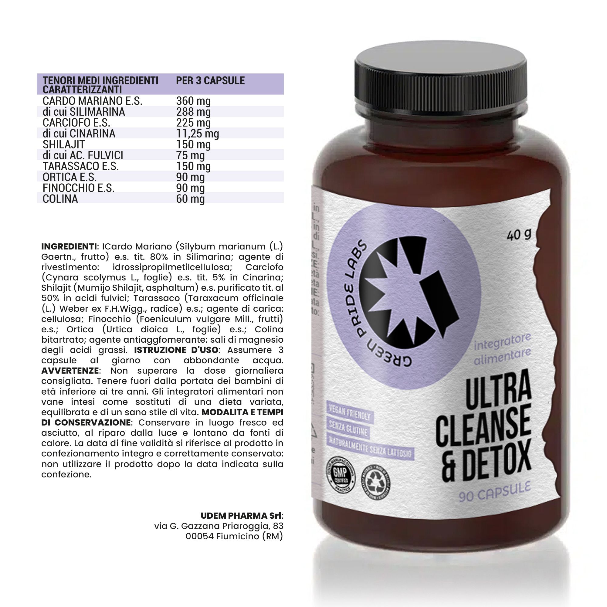 Flacone marrone di capsule con etichetta viola, stampato "ULTRA CLEANSE & DETOX" e "90 CAPSULE".