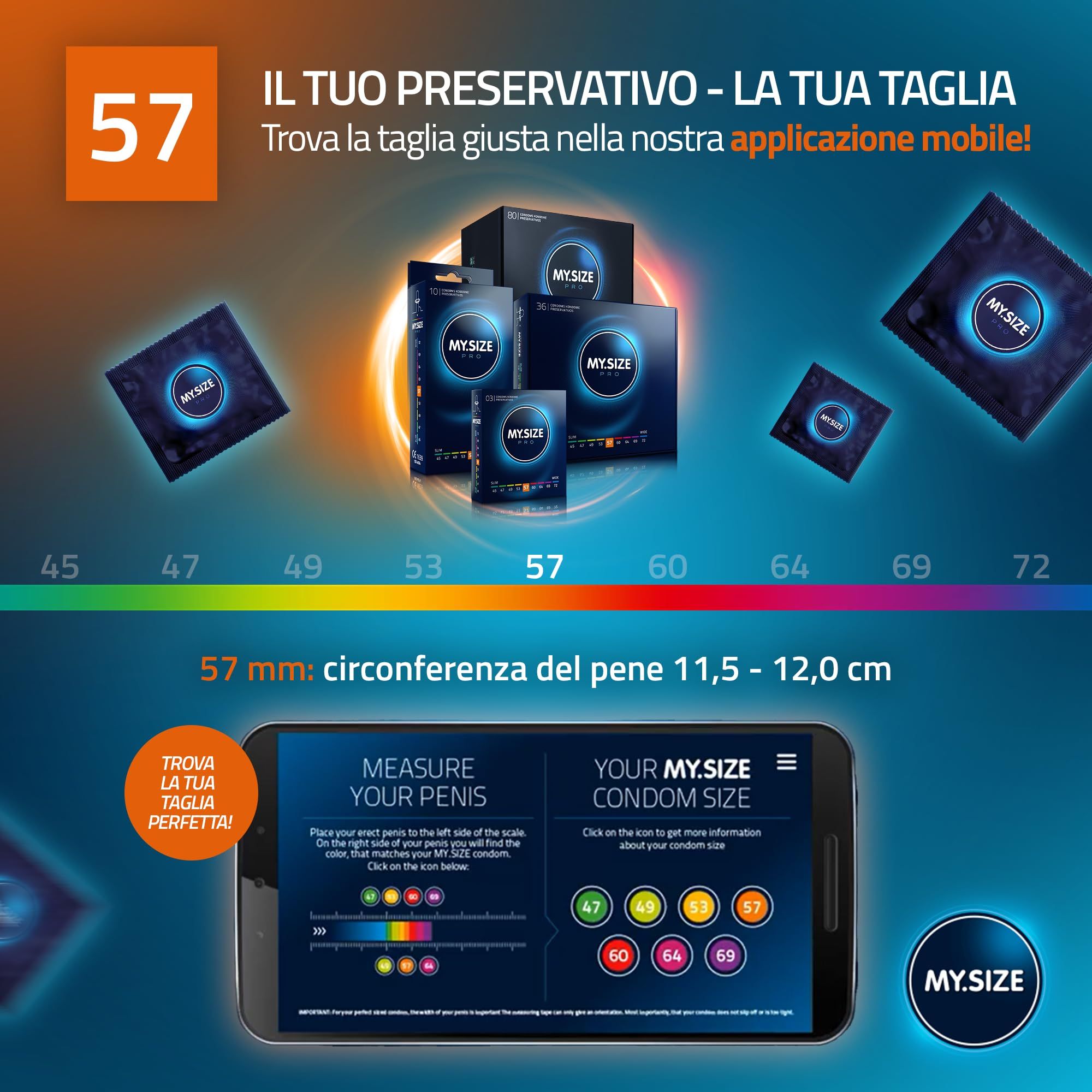 Preservativi MY.SIZE PRO ELITE, misura 57mm. App smartphone per trovare la taglia.