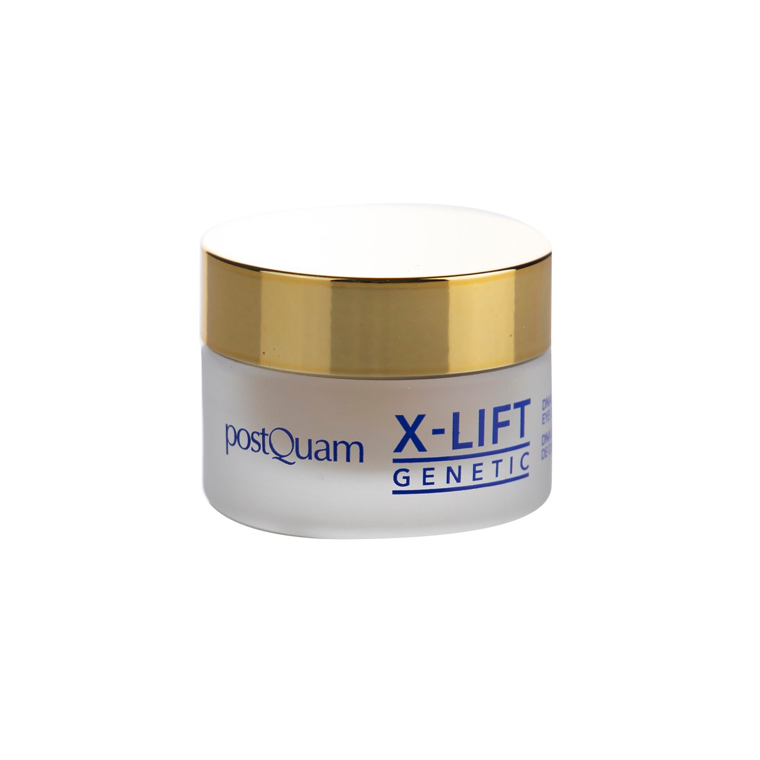 Vasetto di crema con coperchio dorato. Scritta: X-LIFT GENETIC, DNA Intensive Eye Contour.