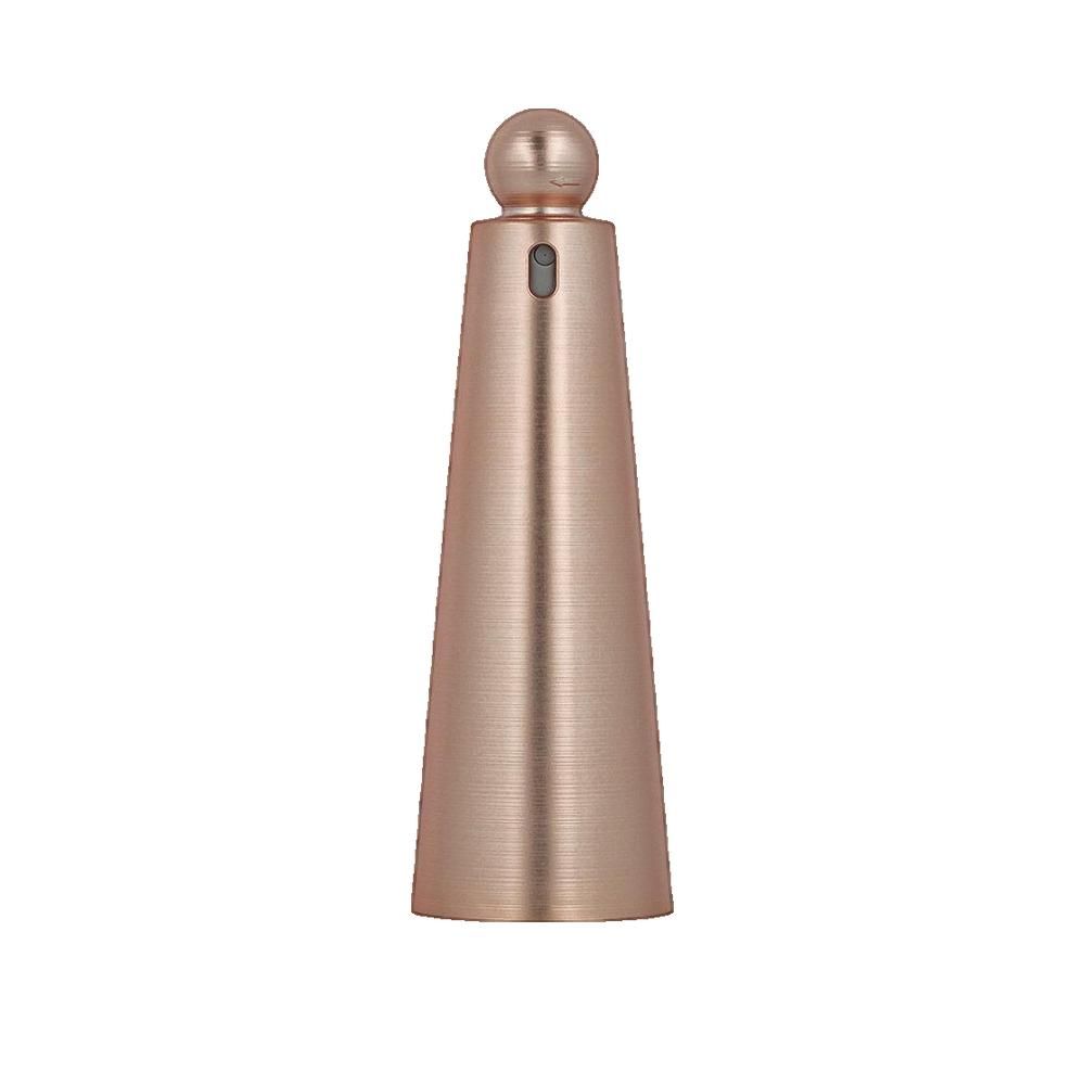 Flacone a forma di cono con tappo sferico. Superficie rosa metallizzato. Piccolo elemento scuro sotto il tappo.