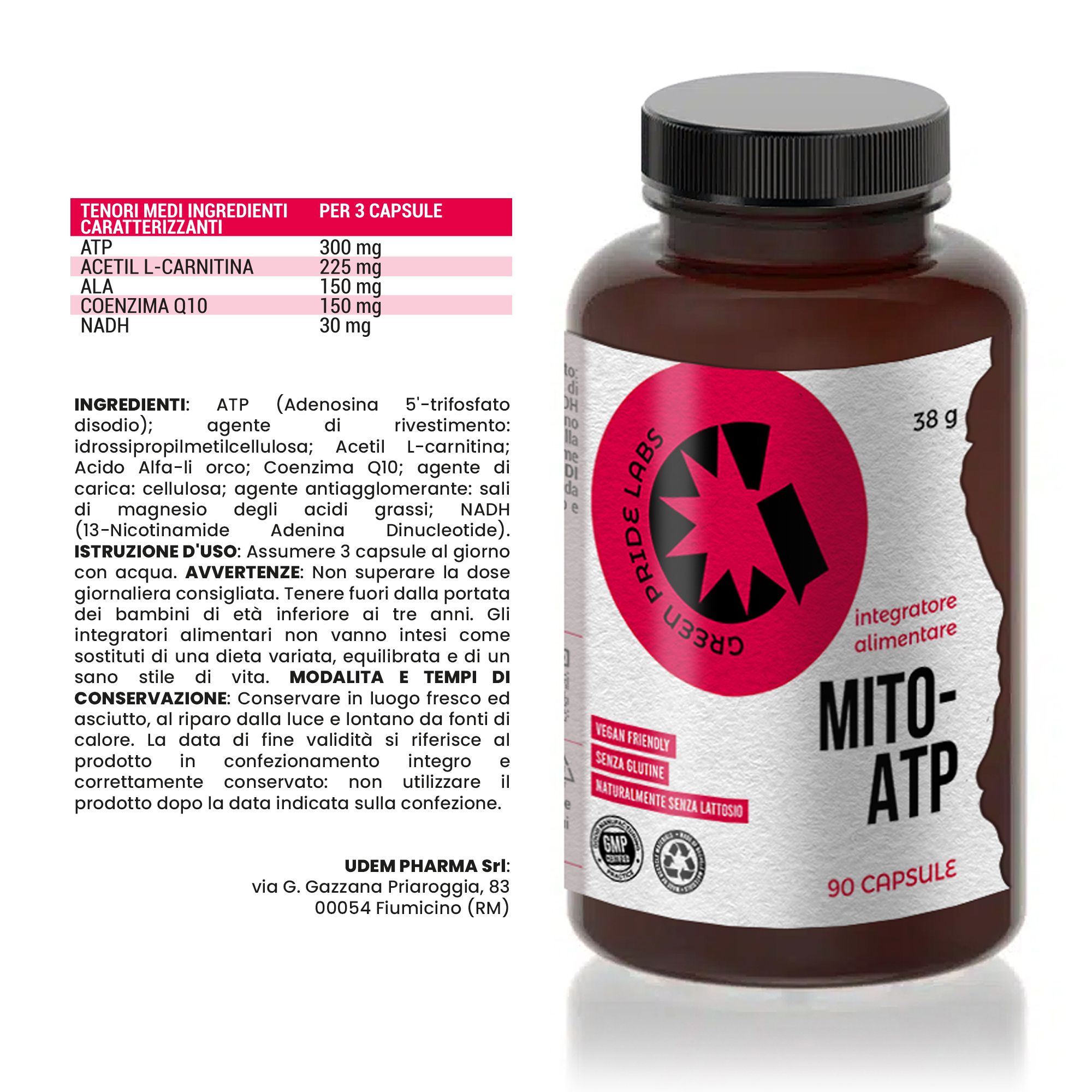 Flacone in vetro marrone con tappo nero, etichetta con stella rossa e testo "MITO-ATP". Contiene 90 capsule.