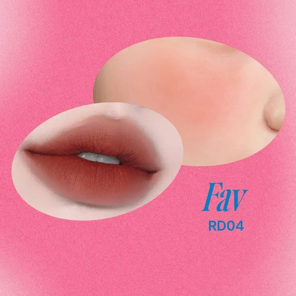 Labbra e guance rosso-marrone. Tonalità RD04 FAV. Su sfondo rosa. Immagine ovale di labbra e guance.