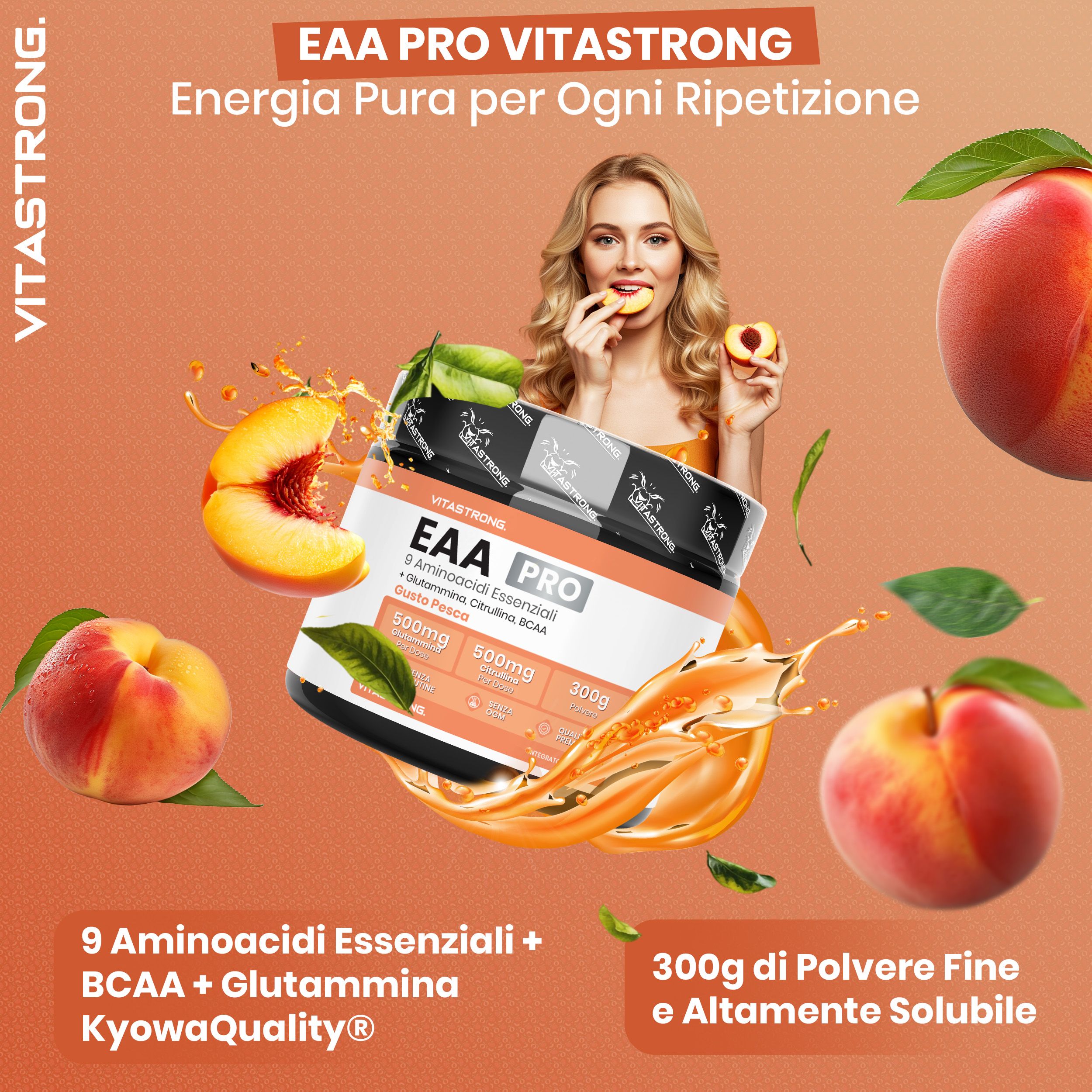 Vitastrong EAA Pro, barattolo. Gusto pesca. 9 aminoacidi, BCAA, glutammina. Pesche e liquido.