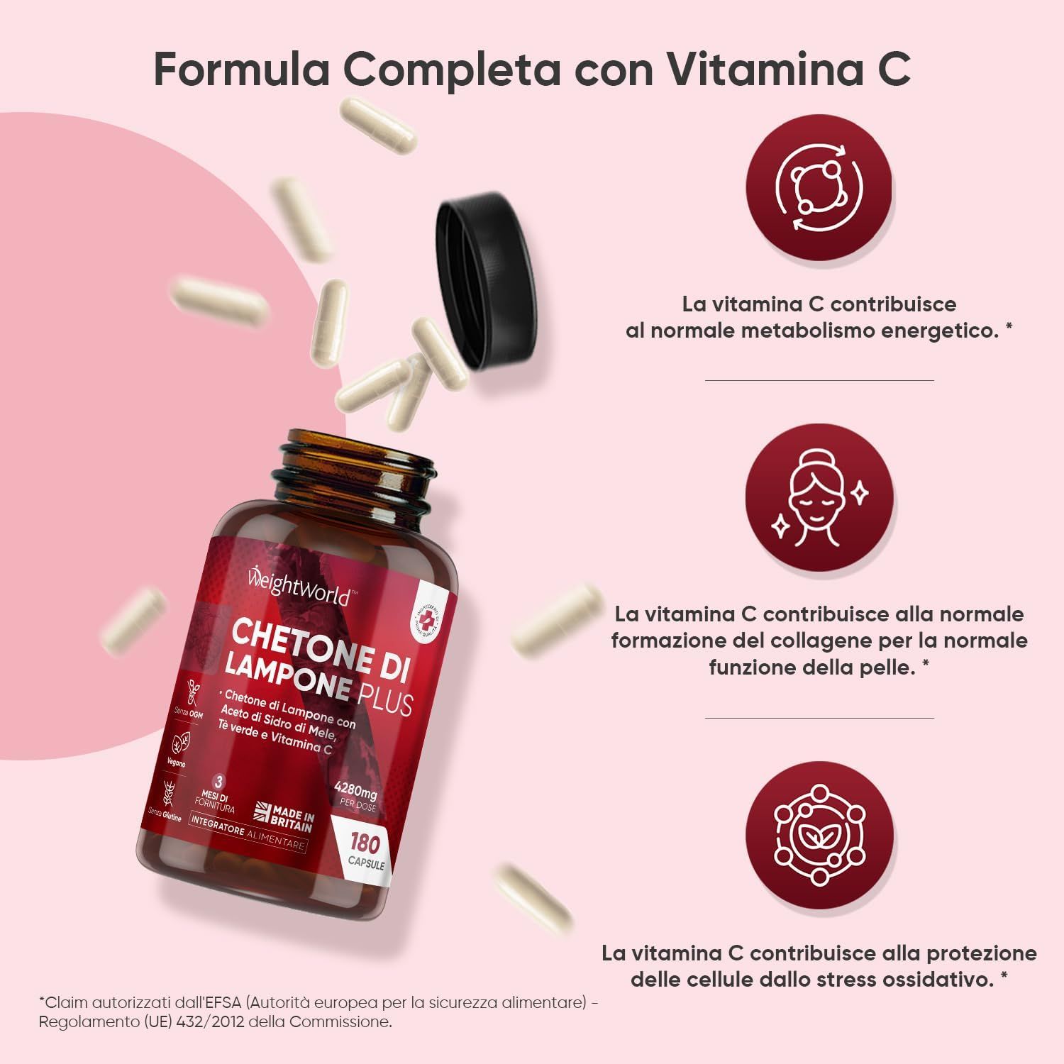 Prodotto: Chetone di Lampone Plus, 180 capsule. Testo: La vitamina C contribuisce al metabolismo energetico, alla formazione di collagene, alla protezione delle cellule.