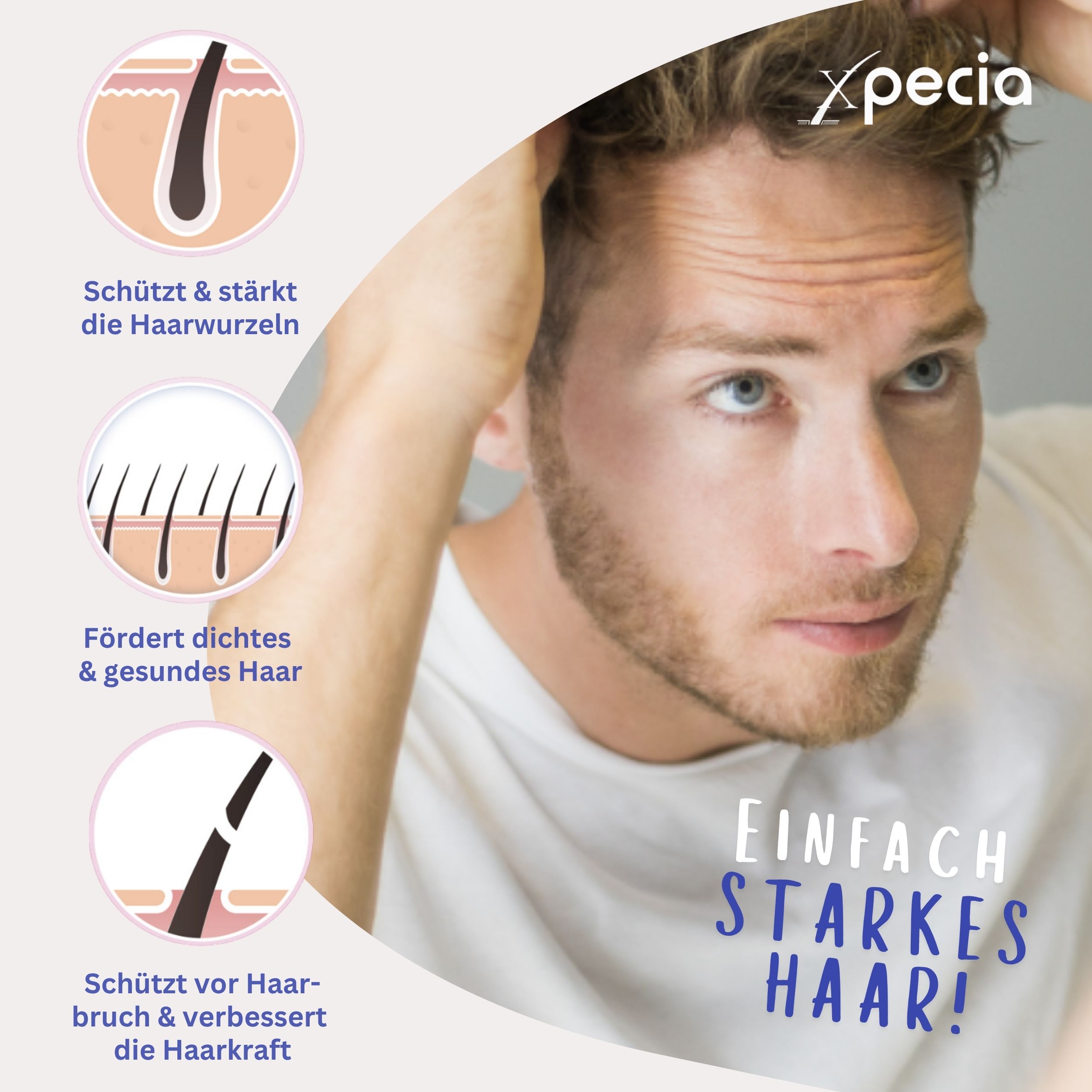 Uomo si guarda allo specchio. Grafici mostrano i capelli e l'effetto di Xpecia.