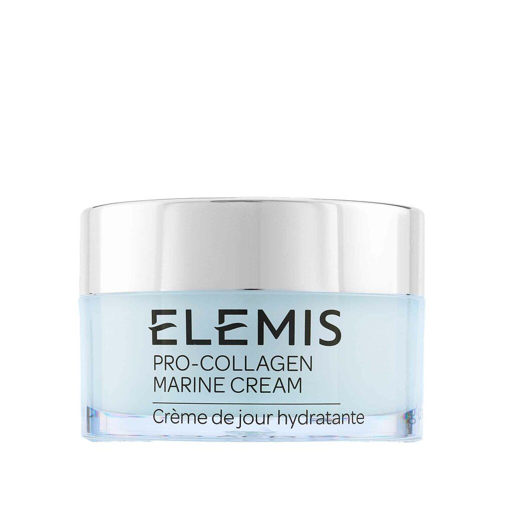 Vasetto Elemis Pro-Collagen Marine Cream. Contenitore in vetro con coperchio argentato. Testo: Pro-Collagen Marine Cream, Crème de jour hydratante.