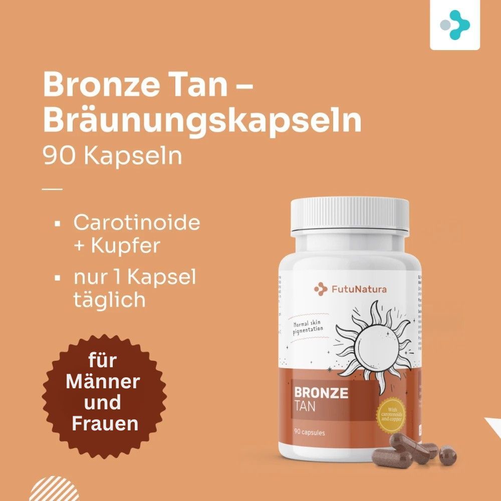 Flacone di capsule: FutuNatura Bronze Tan. Testo: 90 capsule, Carotenoidi + Rame, solo 1 capsula al giorno. Per uomini e donne.