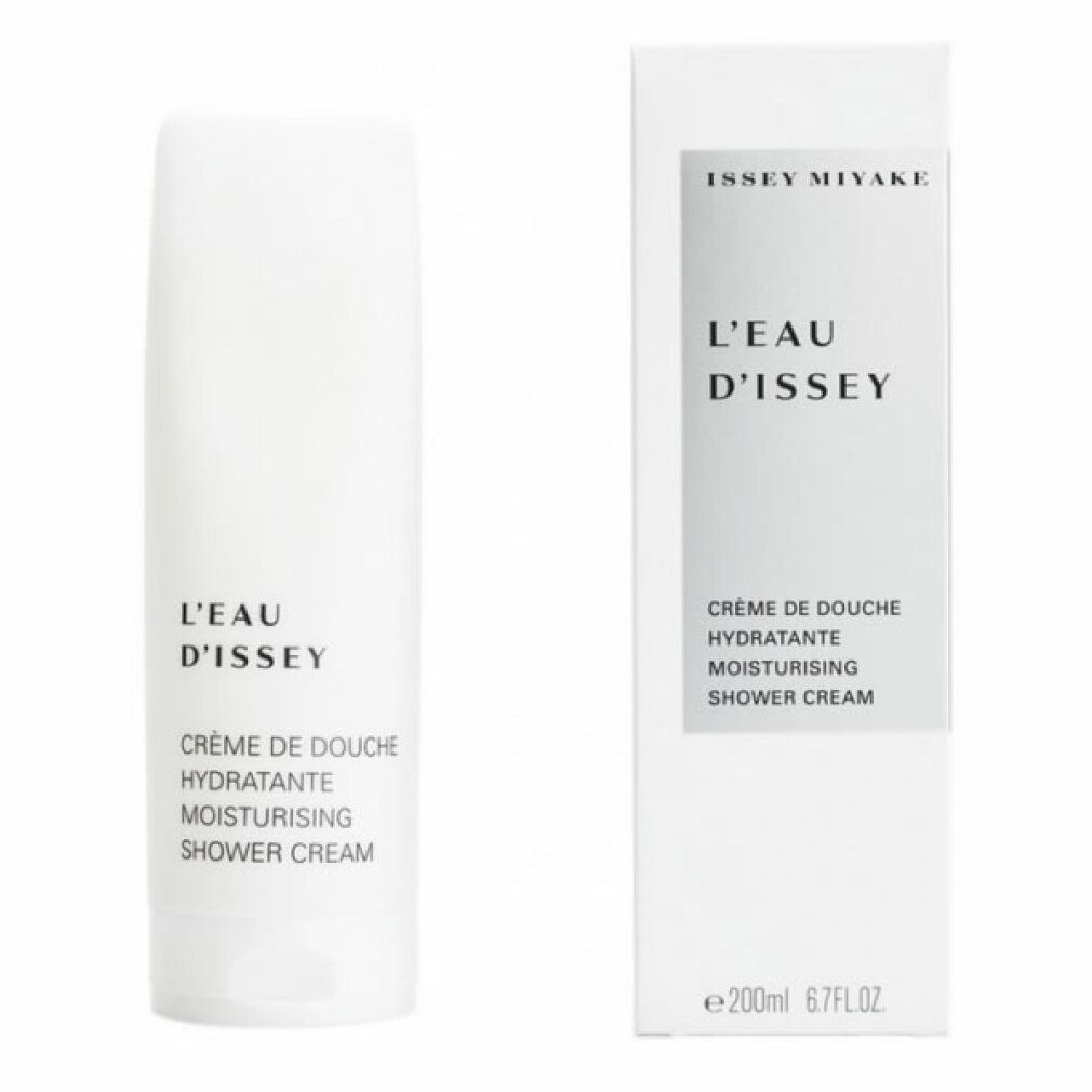 Flacone e confezione bianchi. Scritte: ISSEY MIYAKE, L'EAU D'ISSEY, Crème de Douche Hydratante, Moisturising Shower Cream.