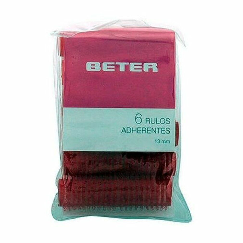 Confezione di 6 bigodini rossi. Marchio Beter. Scritta: 6 Rulos Adherentes. 13 mm.