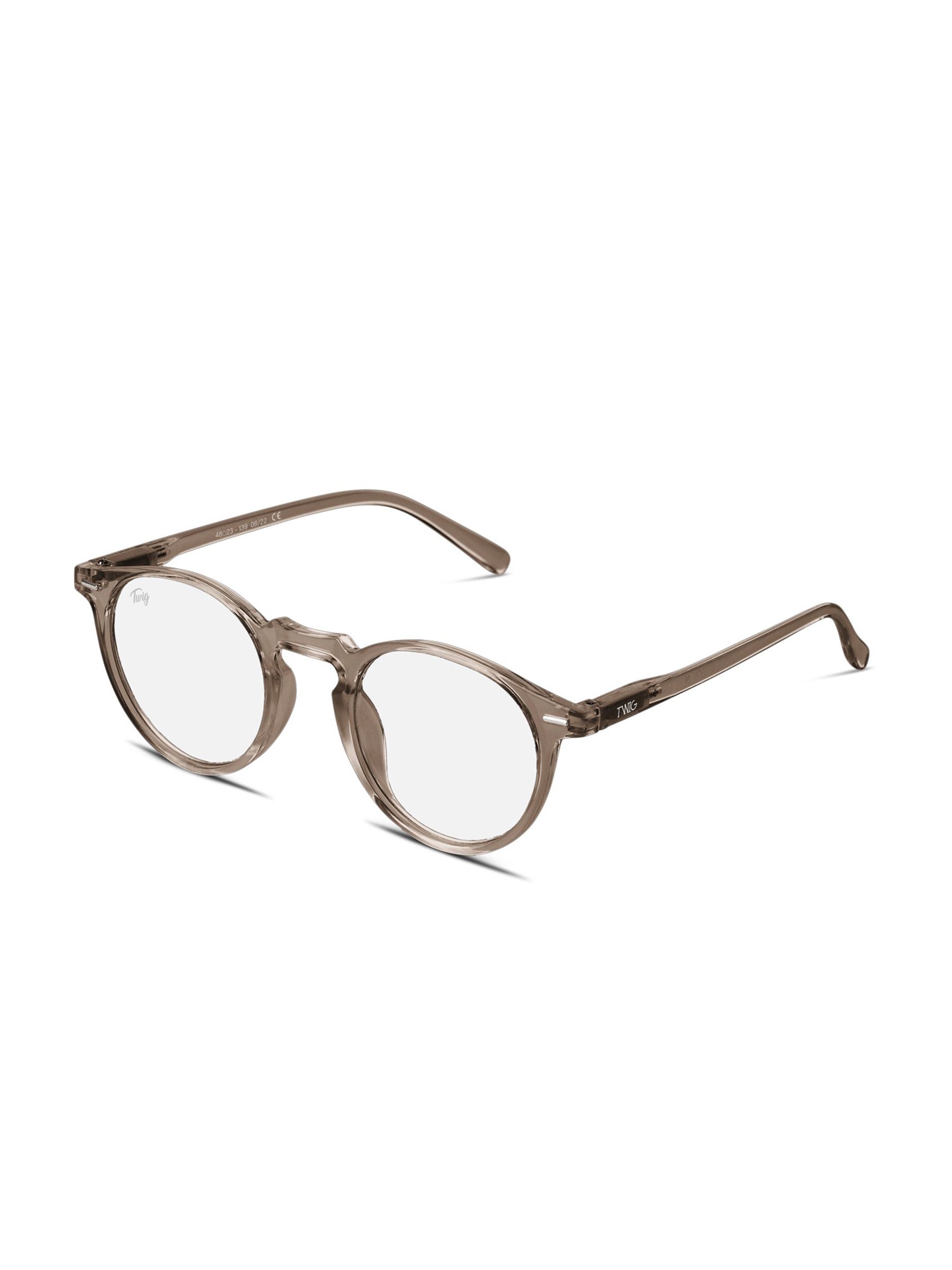 Occhiali con montatura rotonda, marrone. Marchio Twig sulla stanghetta. Vista prospettica.