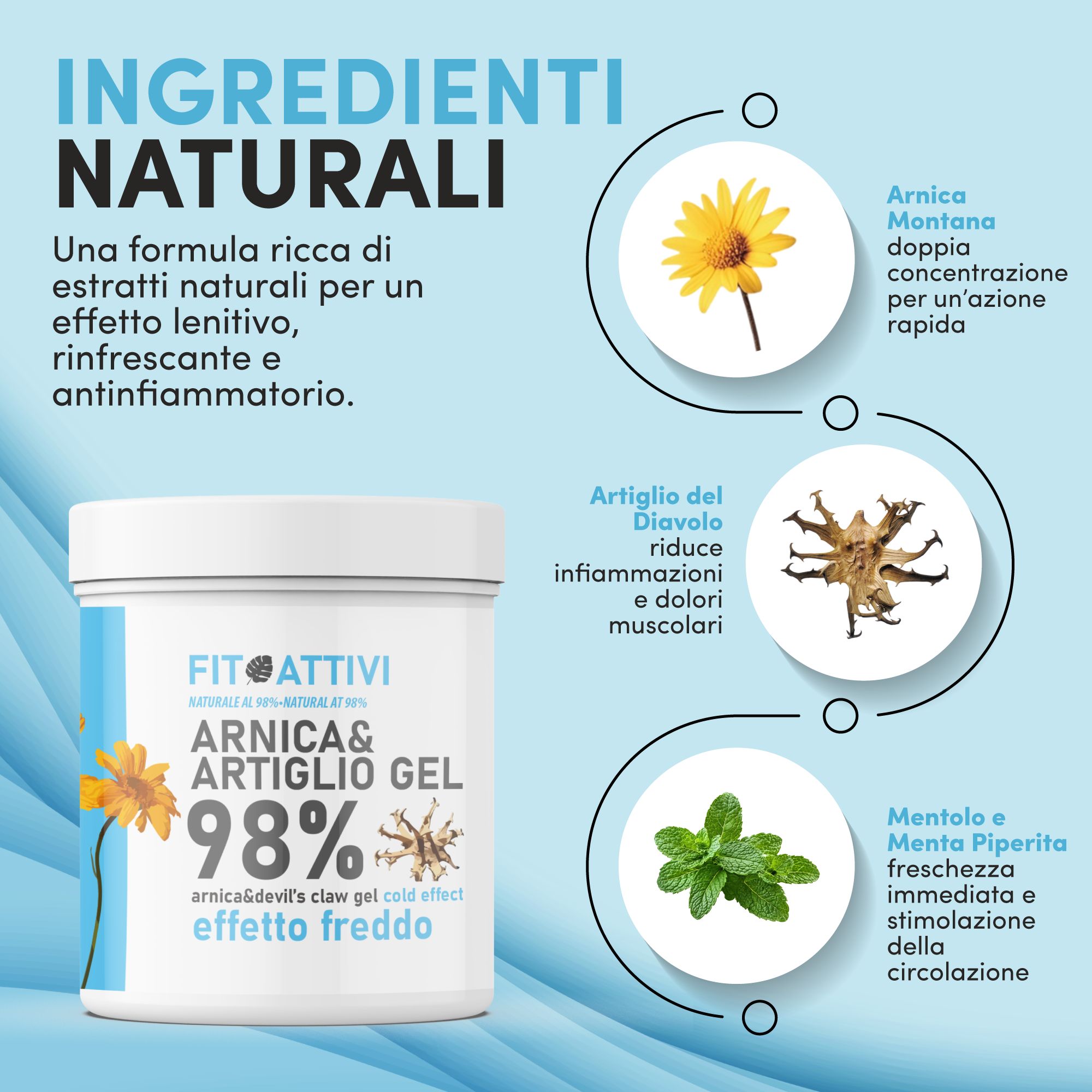 Gel bianco in un contenitore bianco. Testo: Fitoattivi Arnica & Artiglio Gel 98%. Contiene arnica, artiglio del diavolo e menta. Effetto freddo.