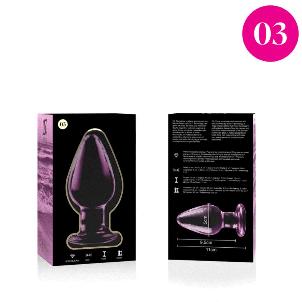 Confezione e plug anale in vetro rosa. Il plug è lungo 11 cm, largo 5 cm.