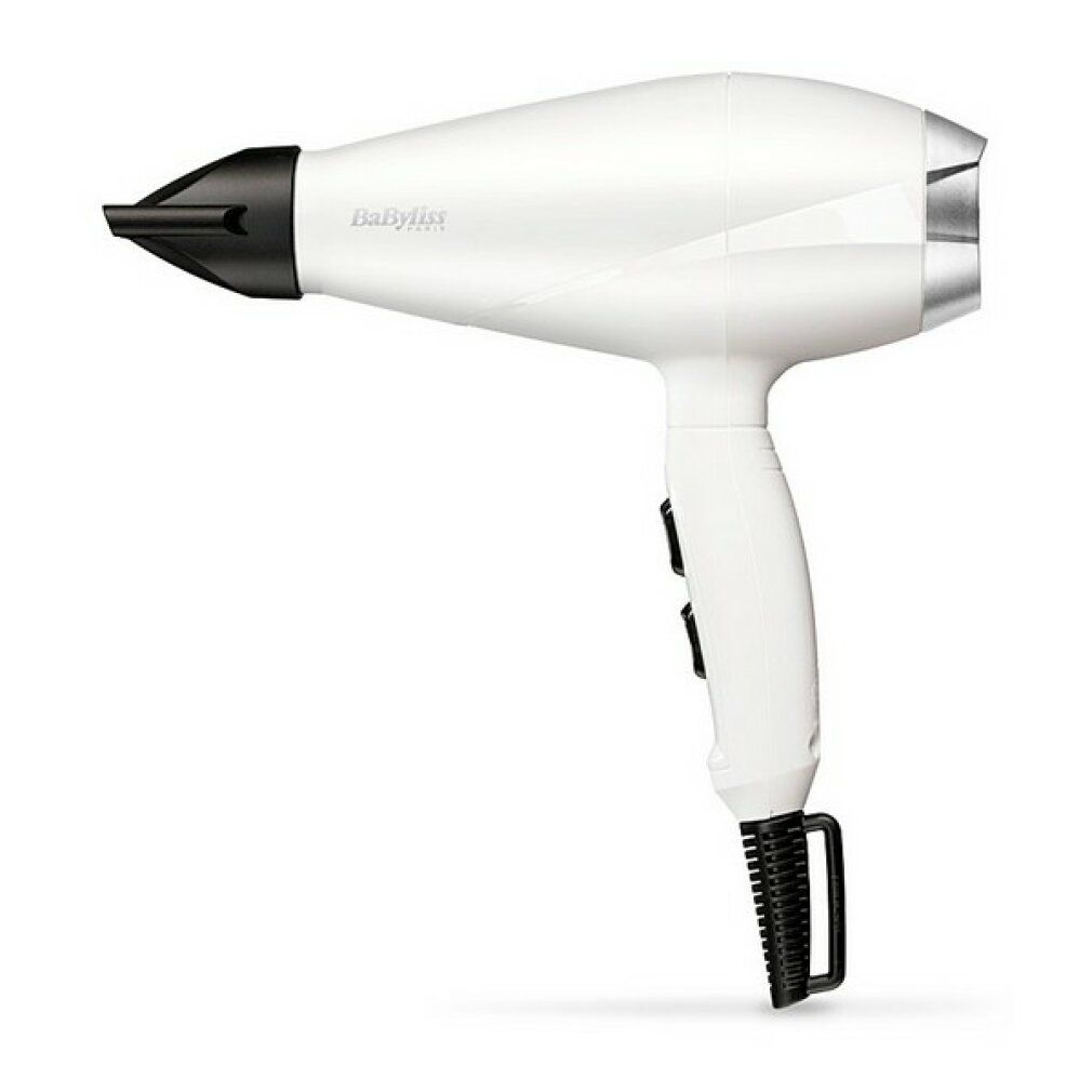 Asciugacapelli bianco con beccuccio e impugnatura neri. Marchio BaByliss. Due interruttori sull'impugnatura.