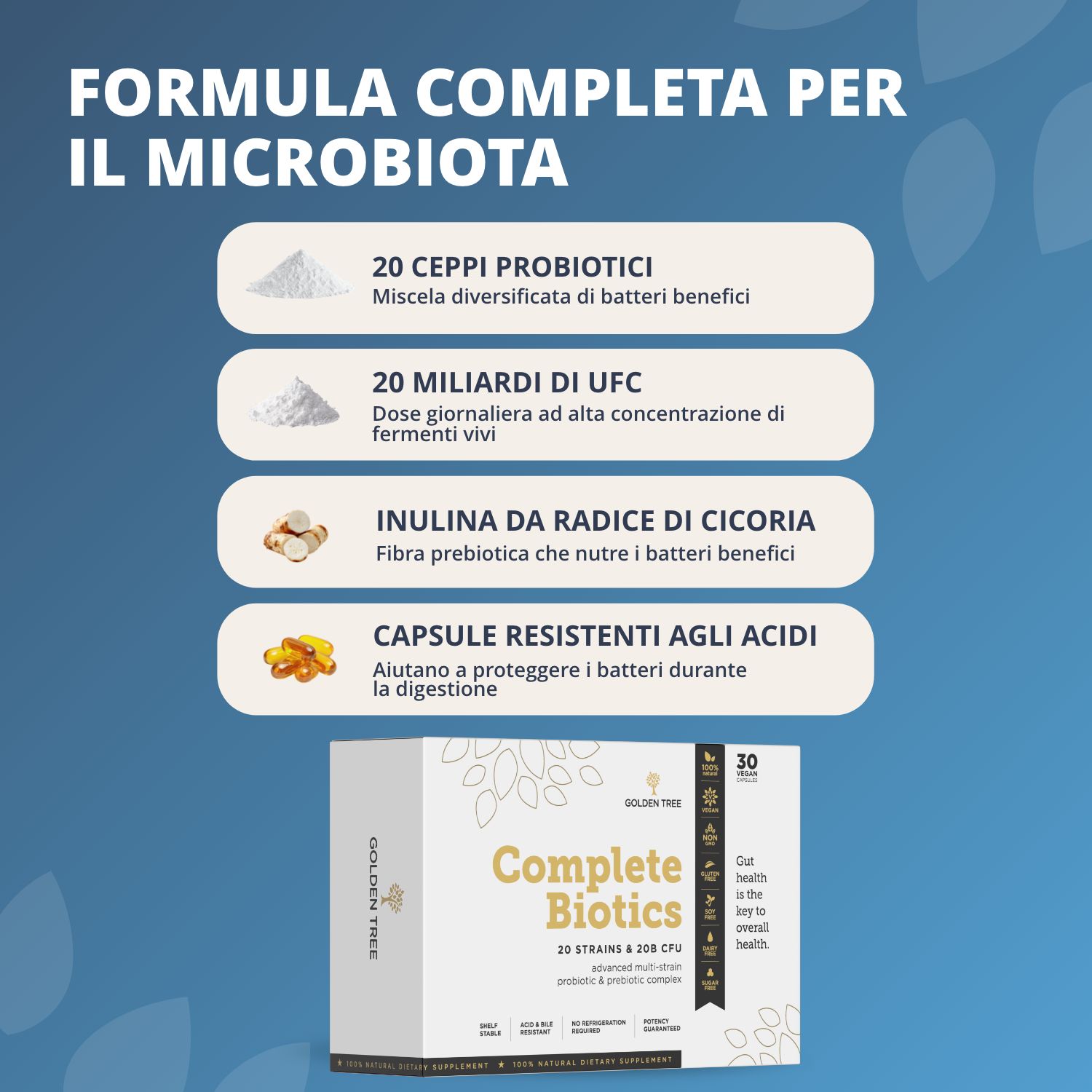 Grafica sui benefici di Golden Tree Complete Biotics: 20 ceppi, 20 miliardi UFC, inulina, capsule resistenti agli acidi.