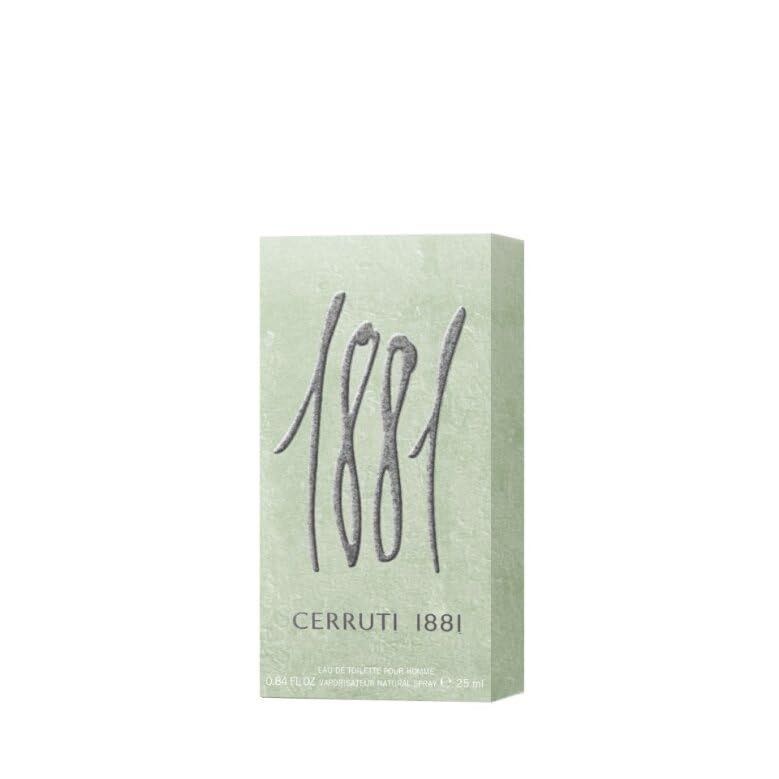Confezione Cerruti 1881 Pour Homme Eau de Toilette. Confezione verdastra con scritta 1881 e logo Cerruti 1881.