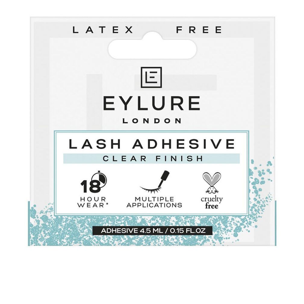 Adesivo per ciglia Eylure Clear Finish. Confezione con informazioni. Tenuta 18 ore. Applicazioni multiple. Cruelty-free.
