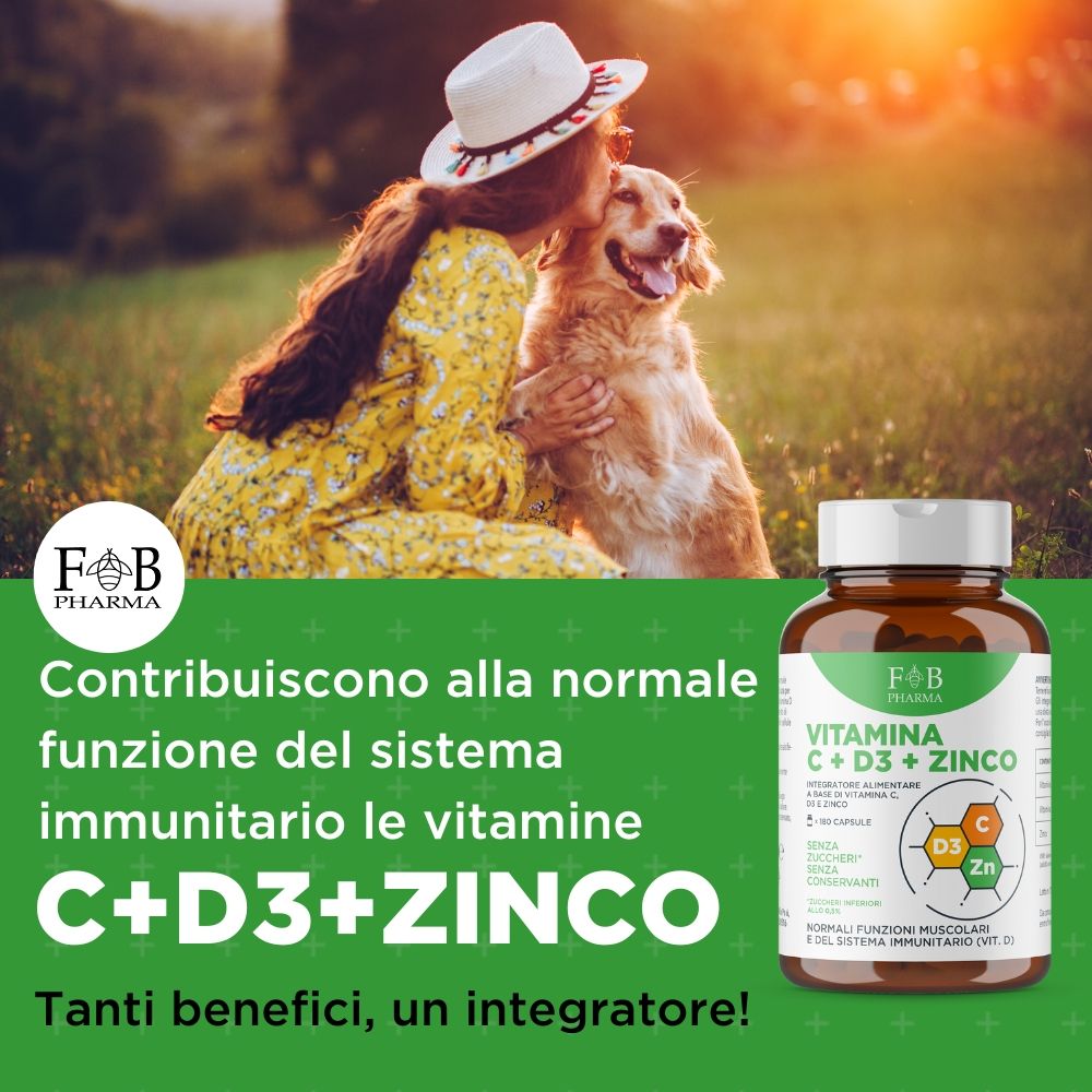 Flacone in vetro marrone con tappo bianco, etichetta F&B Pharma Vitamina C+D3+Zinco.