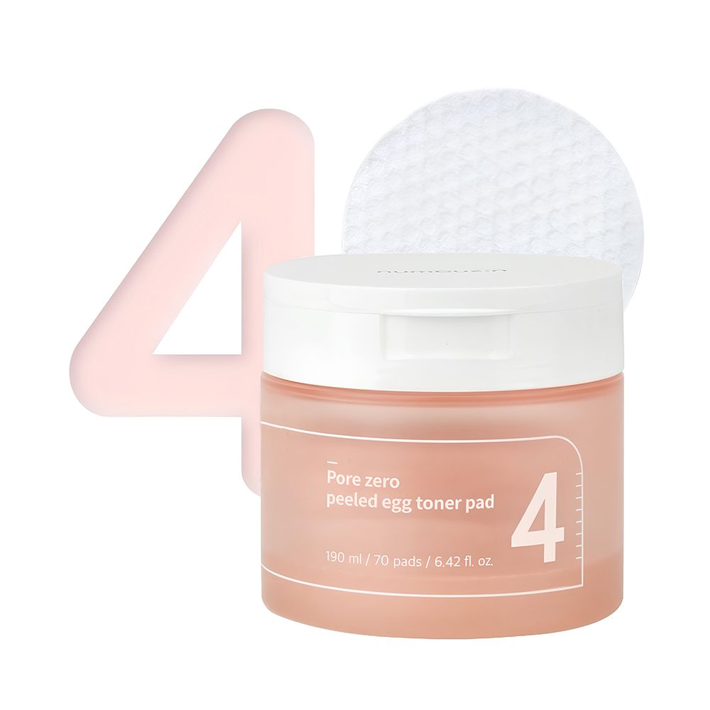 Barattolo rosa con coperchio bianco e grande numero 4 bianco. Accanto, un pad bianco. Testo: Pore zero peeled egg toner pad.