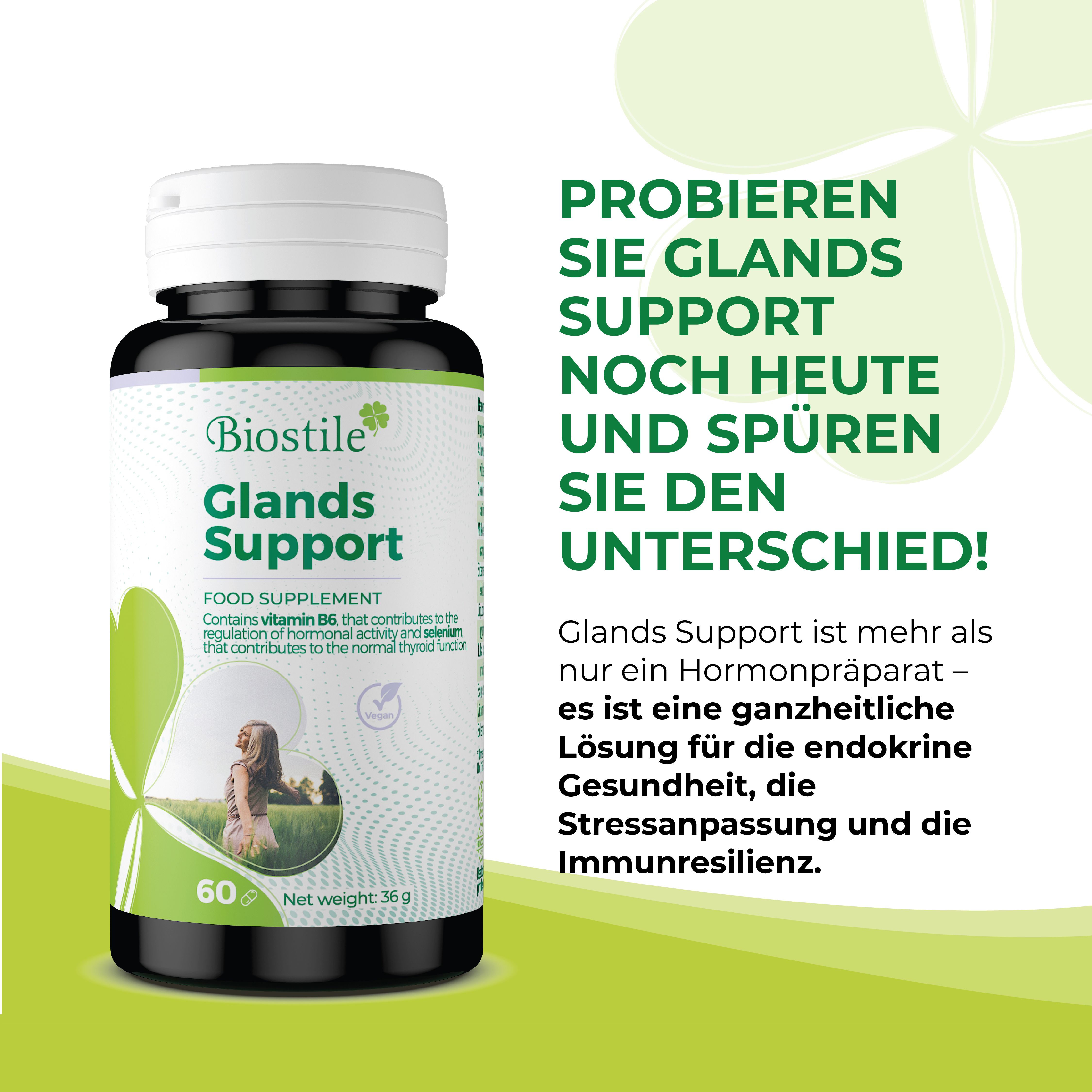 Flacone Biostile Glands Support. Testo: Prova Glands Support oggi stesso!