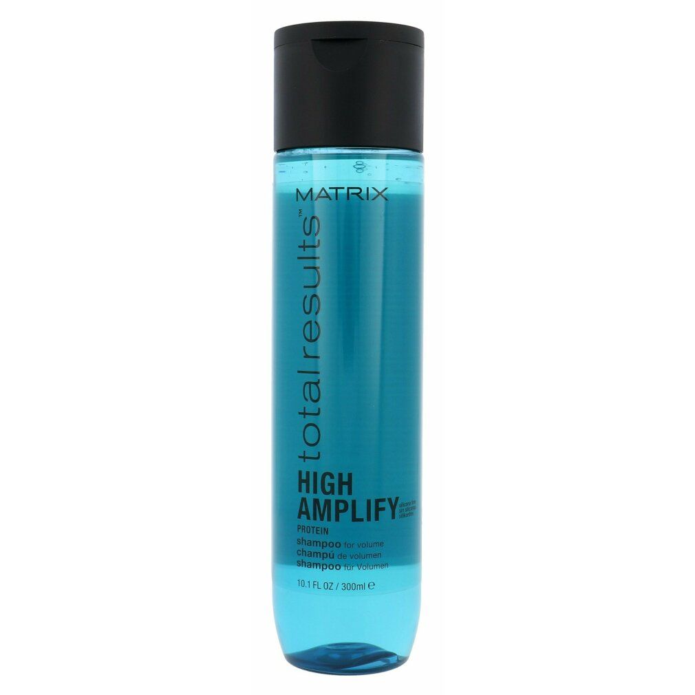 Shampoo Matrix Total Results High Amplify. Flacone blu con tappo nero. Scritte: Matrix, Total Results, High Amplify.