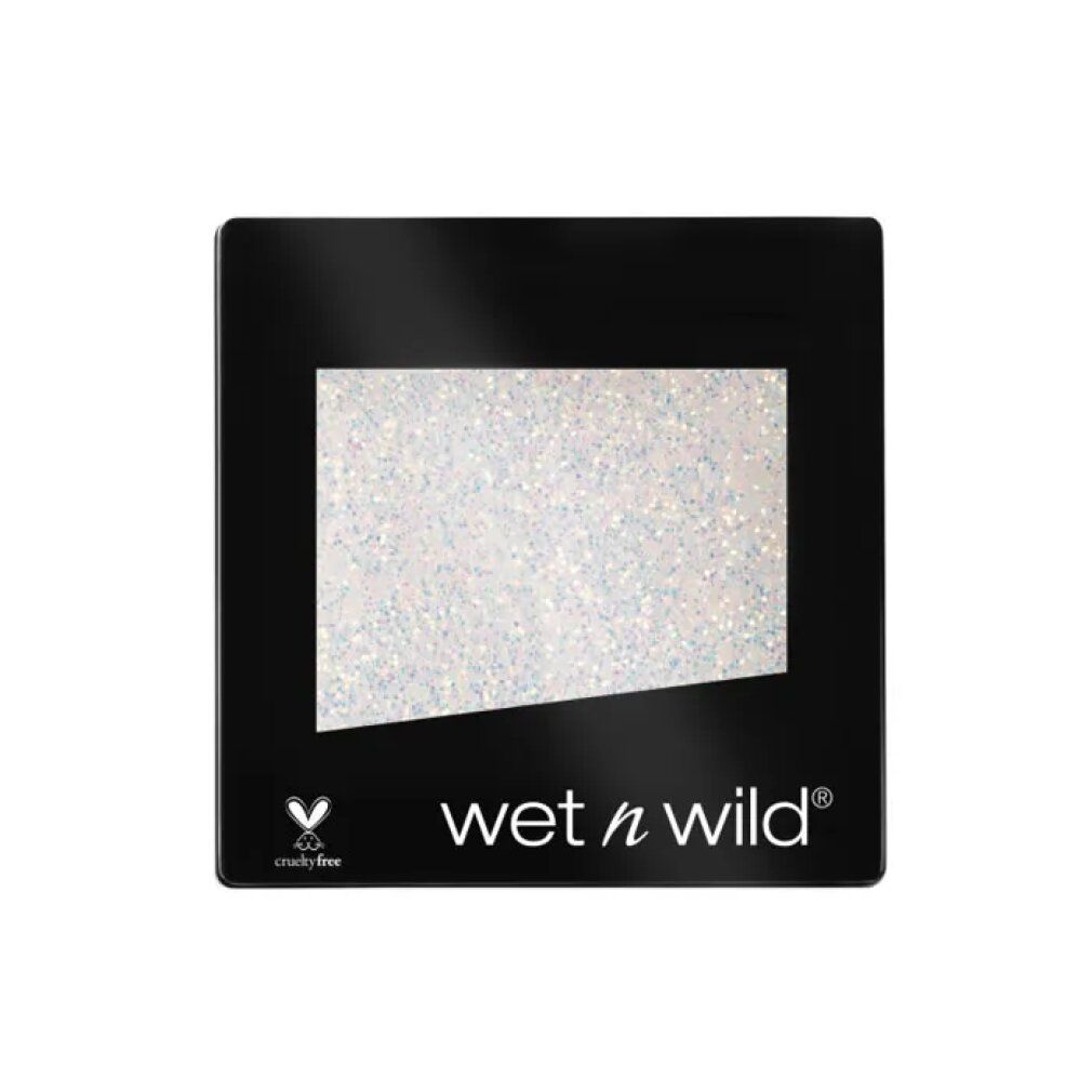 Ombretto glitterato in confezione nera. Logo "wet n wild" e simbolo Cruelty-free. Prodotto glitterato chiaro.