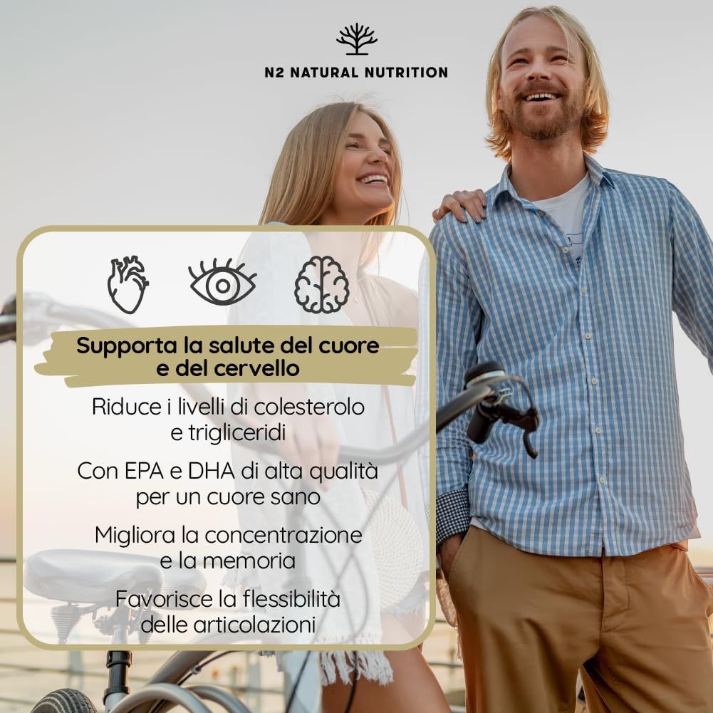 Coppia in bicicletta. Testo sul supporto di cuore e cervello. Riduce il colesterolo. EPA e DHA.