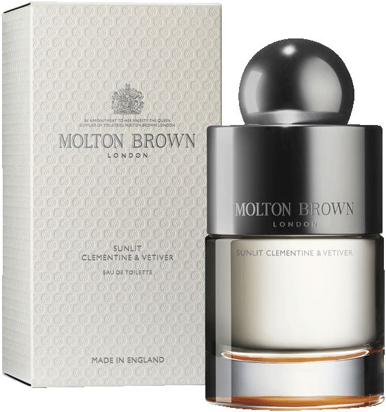 Flacone e confezione. Scritta: Molton Brown London, Sunlit Clementine & Vetiver. Confezione con stemma.