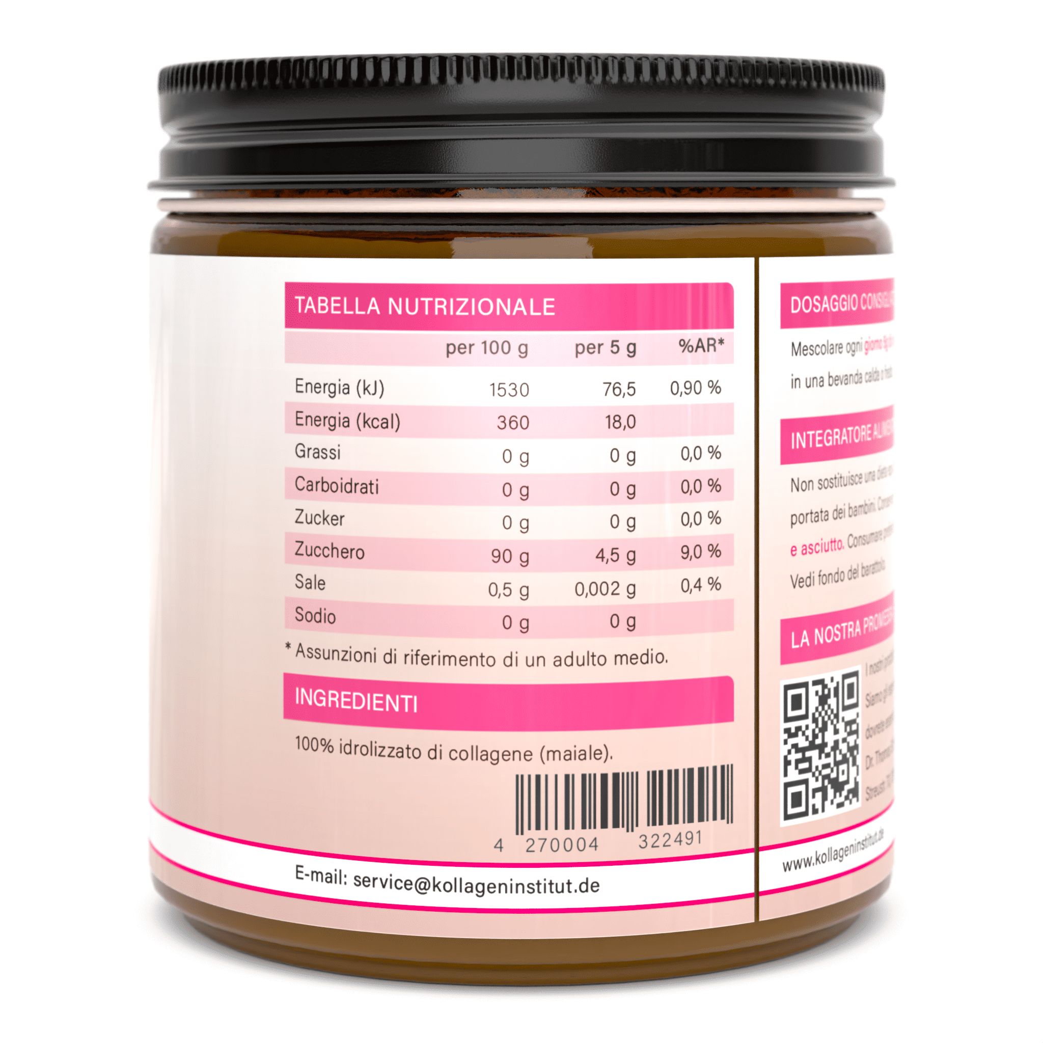 Retro di un barattolo di Kollagen Institut. Tabella nutrizionale, ingredienti, codice QR, informazioni di contatto.