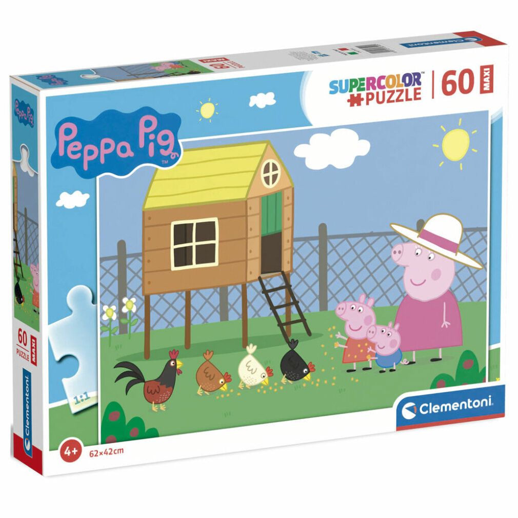 Clementoni Maxi Puzzle - Peppa Pig, 60 pezzi. Confezione con motivo puzzle. Dimensioni: 62x42cm. Marchio e numero di pezzi visibili.