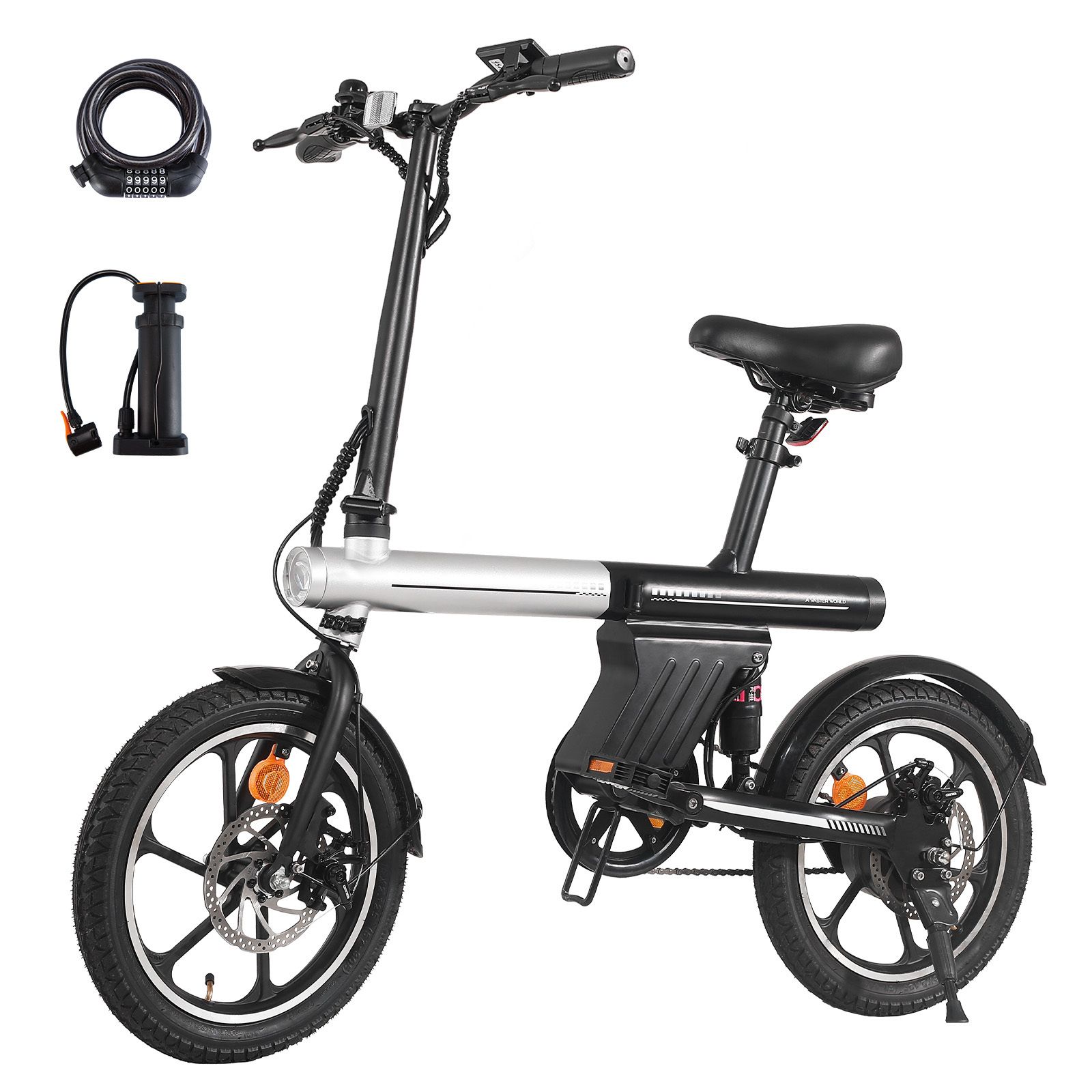E-bike pieghevole, nero-argento, con accessori: lucchetto e pompa. Freni a disco, ruote da 16 pollici.