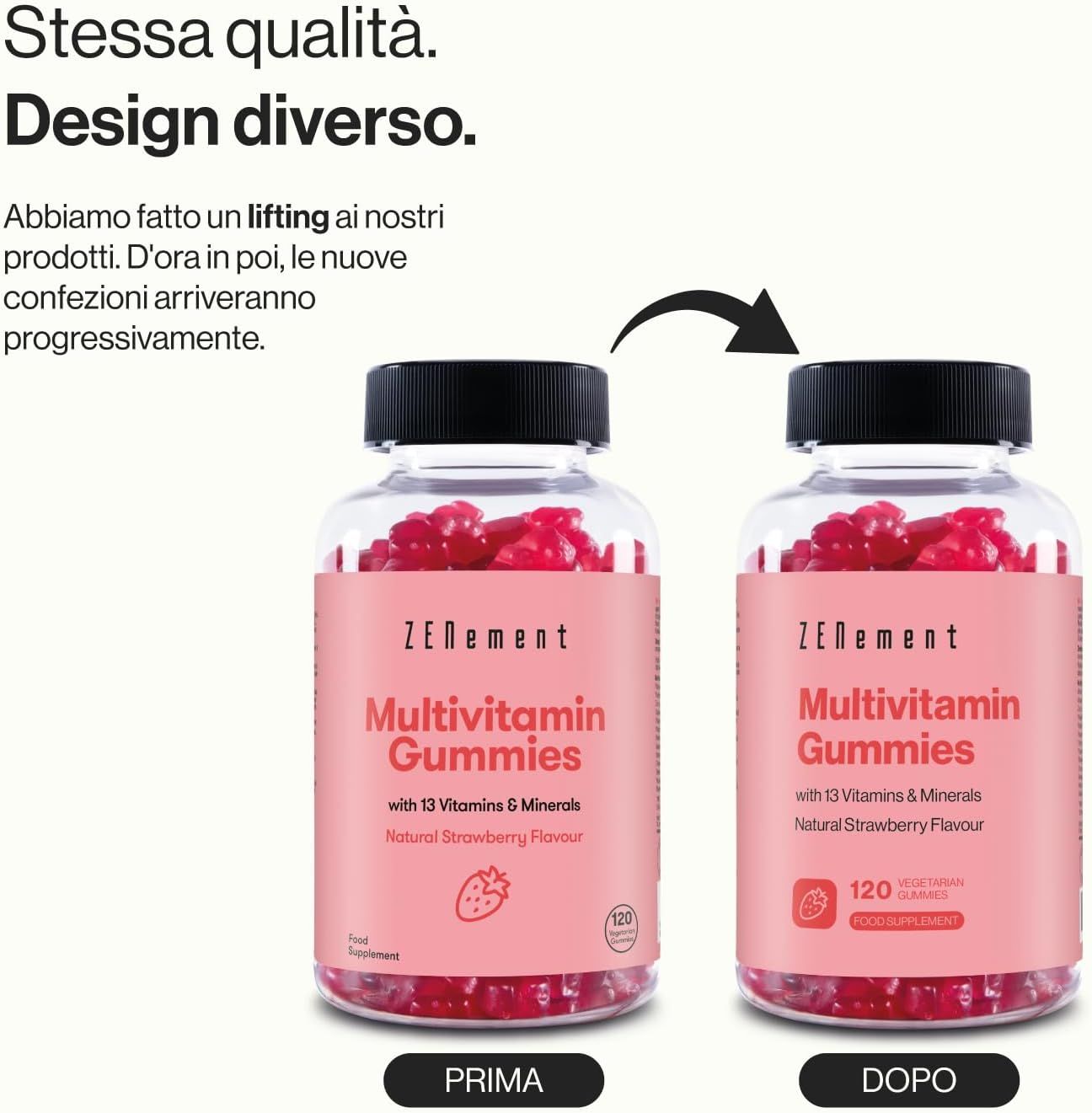 Confronto tra due flaconi di caramelle gommose multivitaminiche Zenement. Design prima e dopo.