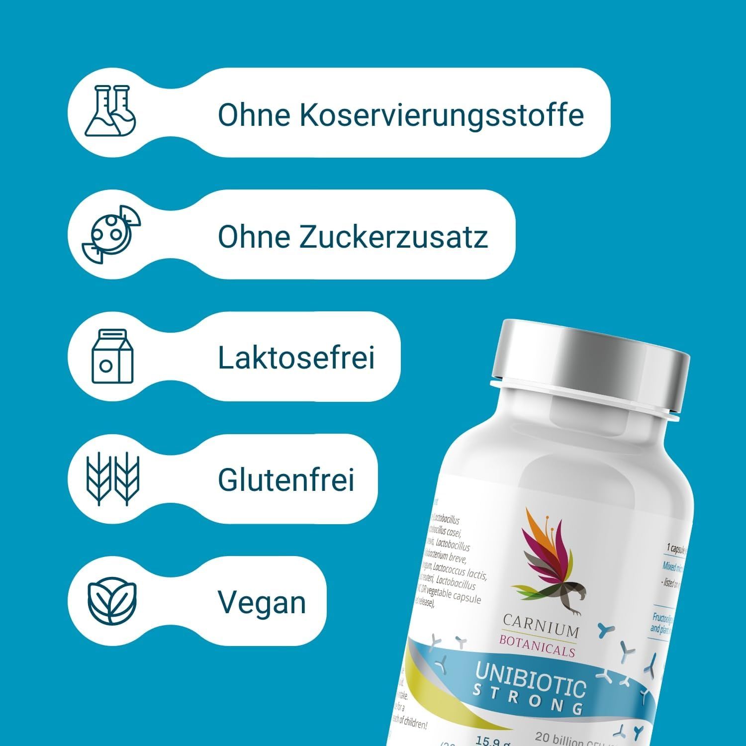 Flacone con capsule. Scritta: Unibiotic STRONG, 20 miliardi di CFU/15 ceppi. Marchio: CARNIUM BOTANICALS. Testo sugli ingredienti.