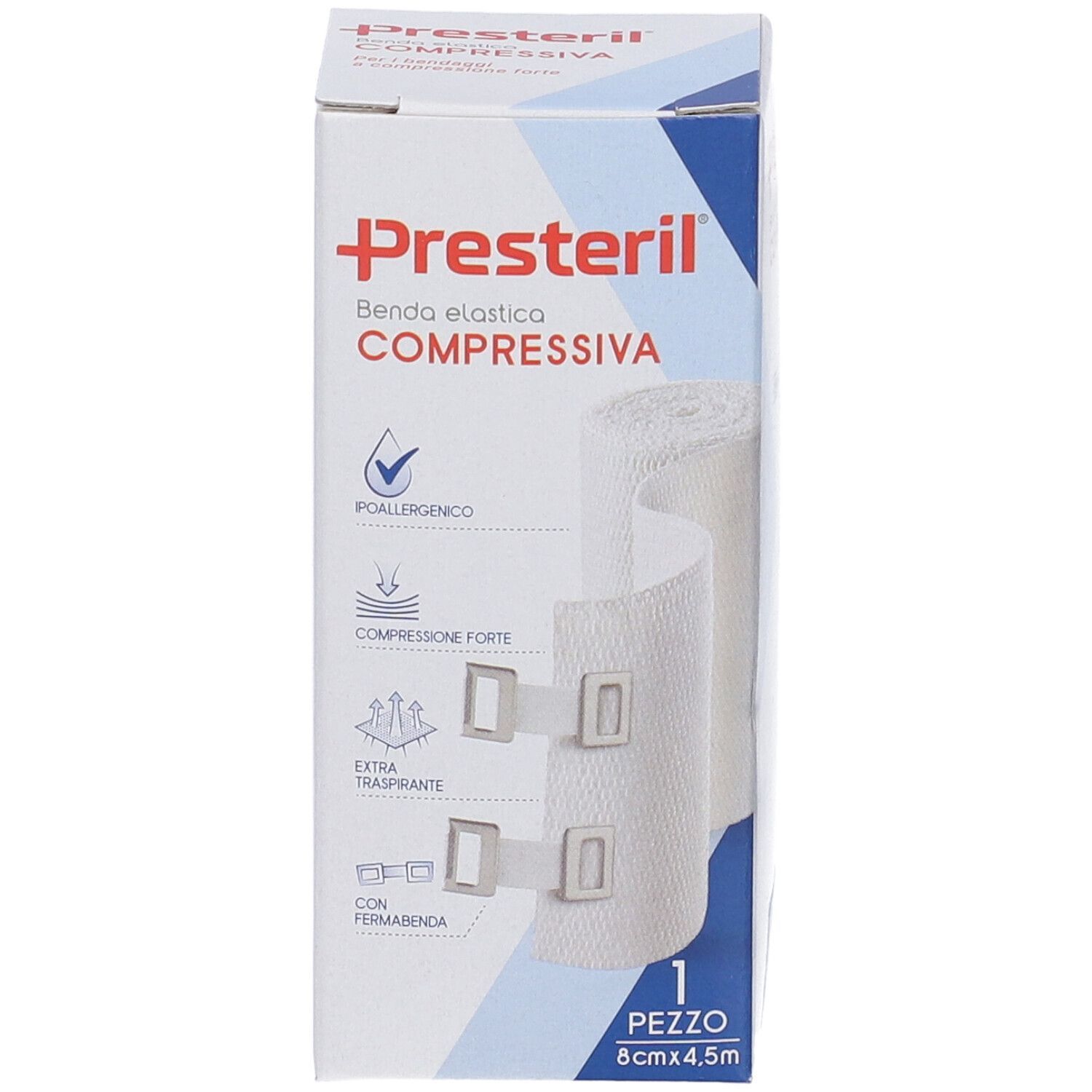 Presteril Benda Elastica Compressiva. Bendaggio elastico bianco con chiusure. 8cm x 4,5m. 1 pezzo.