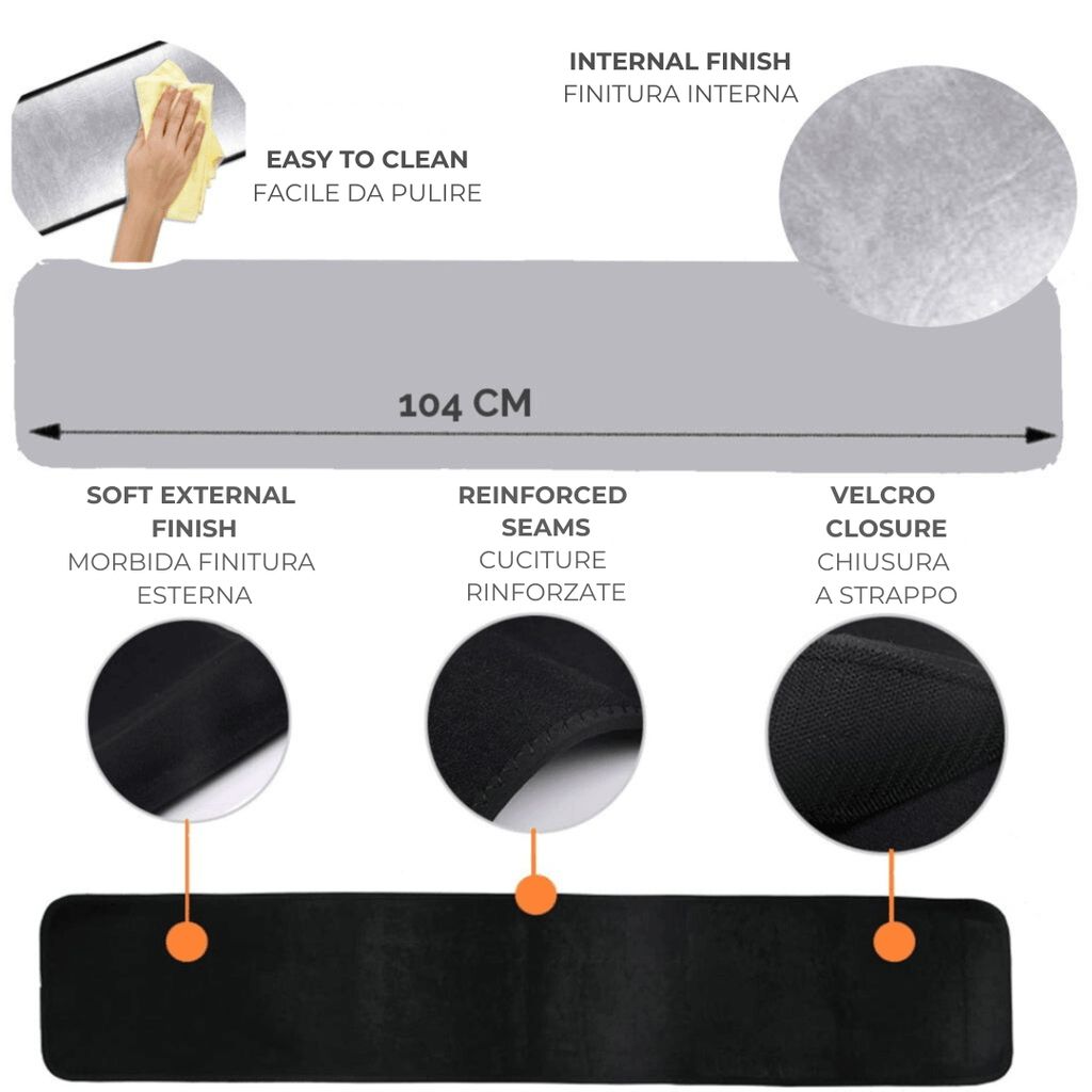 Cintura addominale nera con dettagli: superficie esterna morbida, cuciture rinforzate, chiusura velcro. 104 cm.