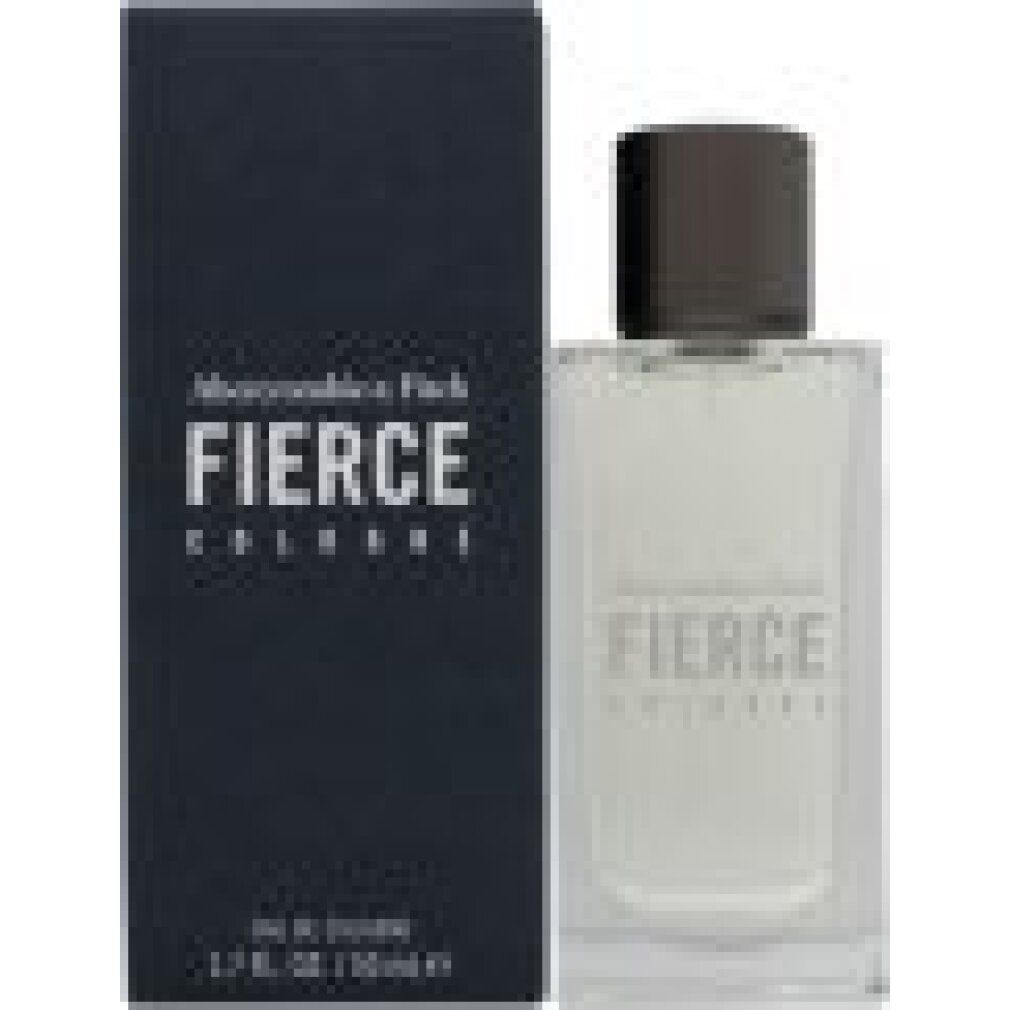 Flacone e confezione di Abercrombie & Fitch Fierce Cologne. Confezione blu scuro. Flacone con logo e testo.