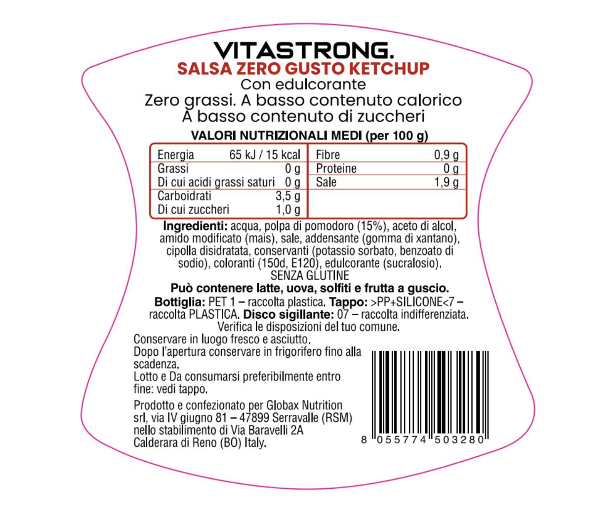 Etichetta Vitastrong Zero Sauce Ketchup. Contiene informazioni nutrizionali, ingredienti e informazioni sugli allergeni. Testo in italiano.