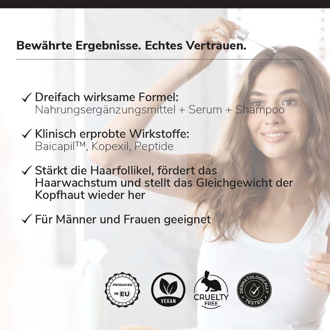 Donna applica siero sul cuoio capelluto, testo su formula tripla azione, ingredienti clinicamente testati, rafforza follicoli piliferi.