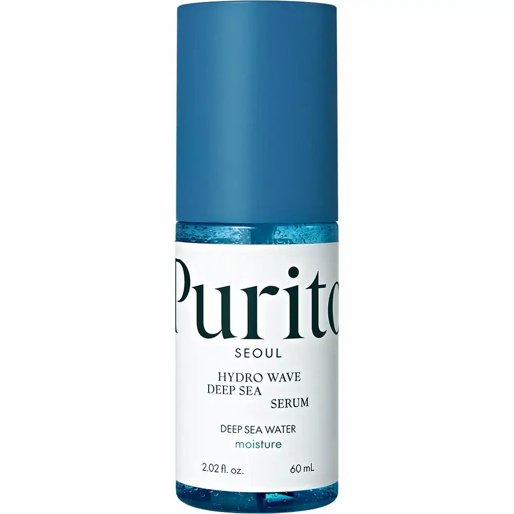 Flacone blu e bianco con tappo blu. Scritta: Purito Seoul, Hydro Wave Deep Sea Serum. 60 ml.