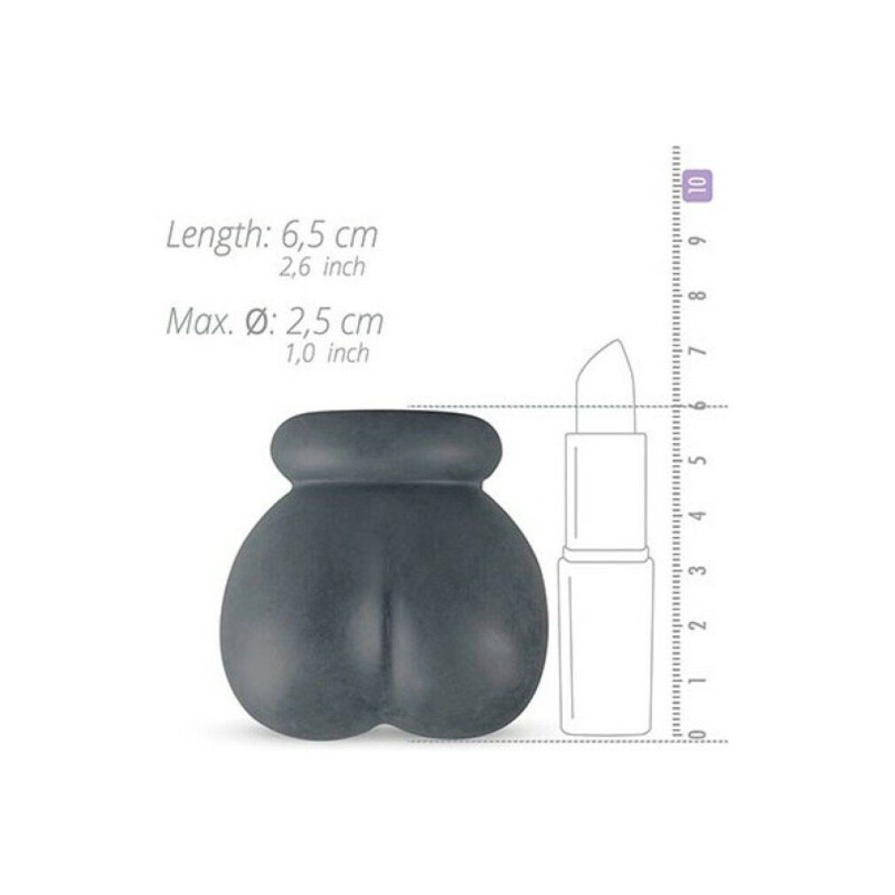 Prodotto in silicone grigio con misure. Lunghezza: 6,5 cm, diametro: 2,5 cm. Un rossetto serve come riferimento.