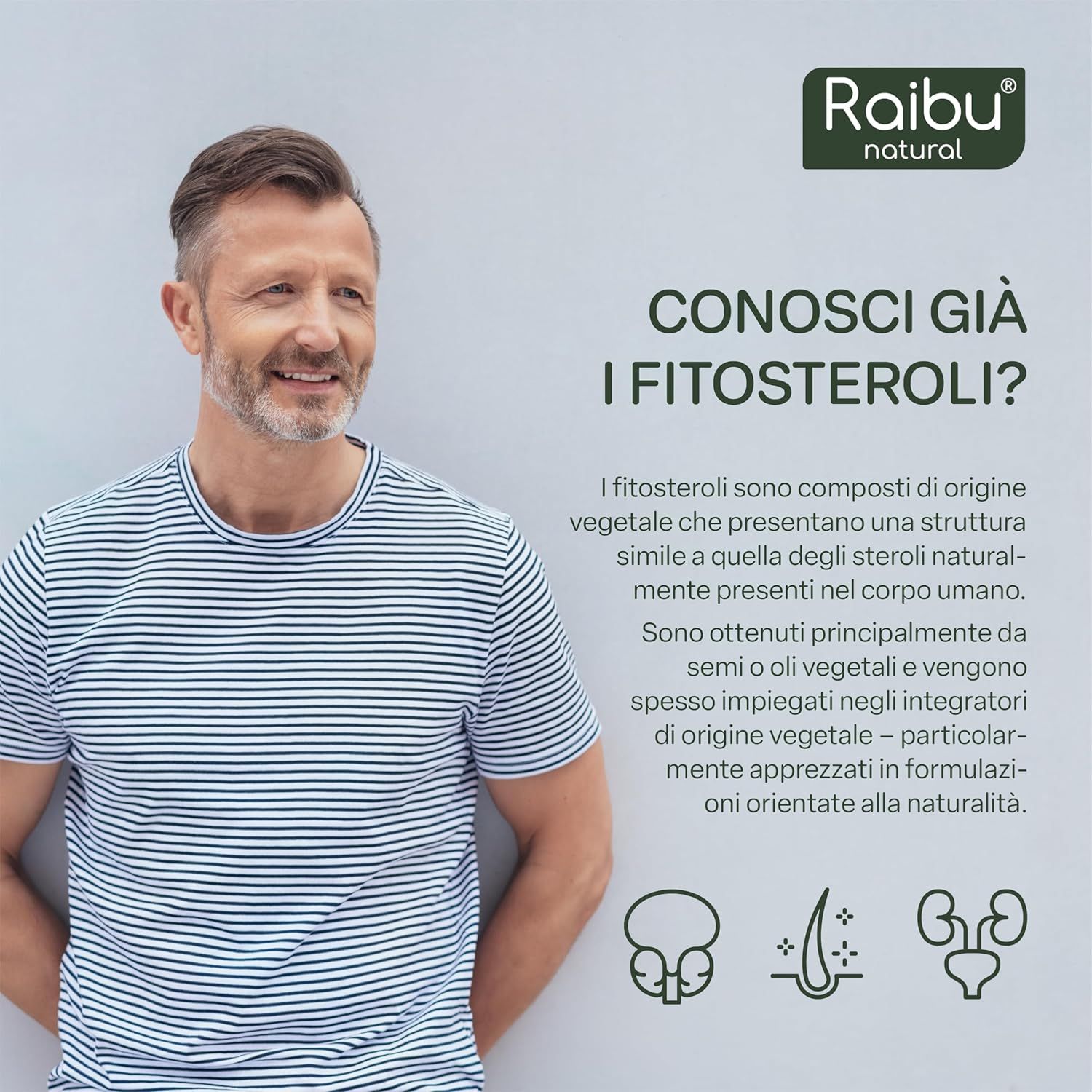 Uomo con testo: Conosci già i fitosteroli? Testo sui composti vegetali simili agli steroli.