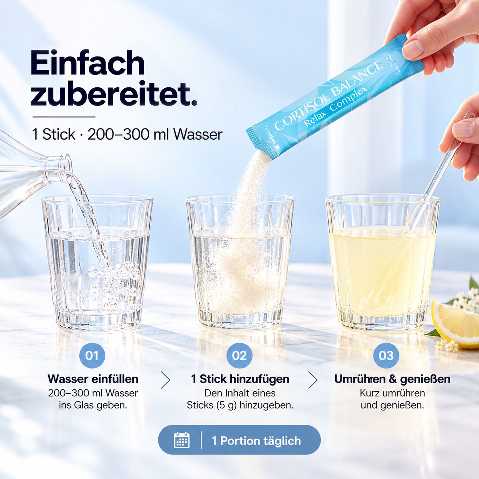 Preparazione polvere Cortisol Balance: versare acqua, aggiungere stick, mescolare.