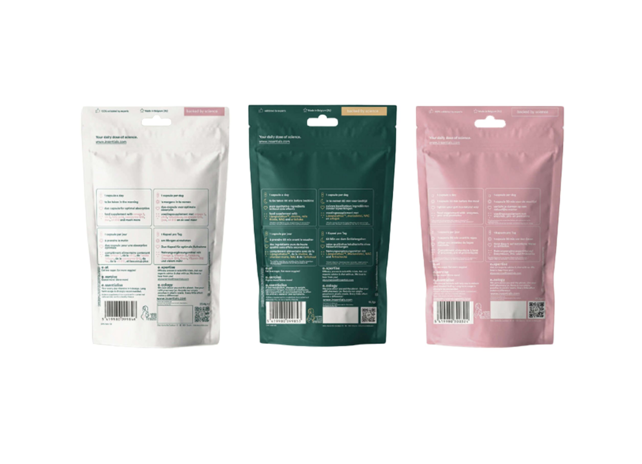 Tre retro di sacchetti di prodotto in bianco, verde e rosa.