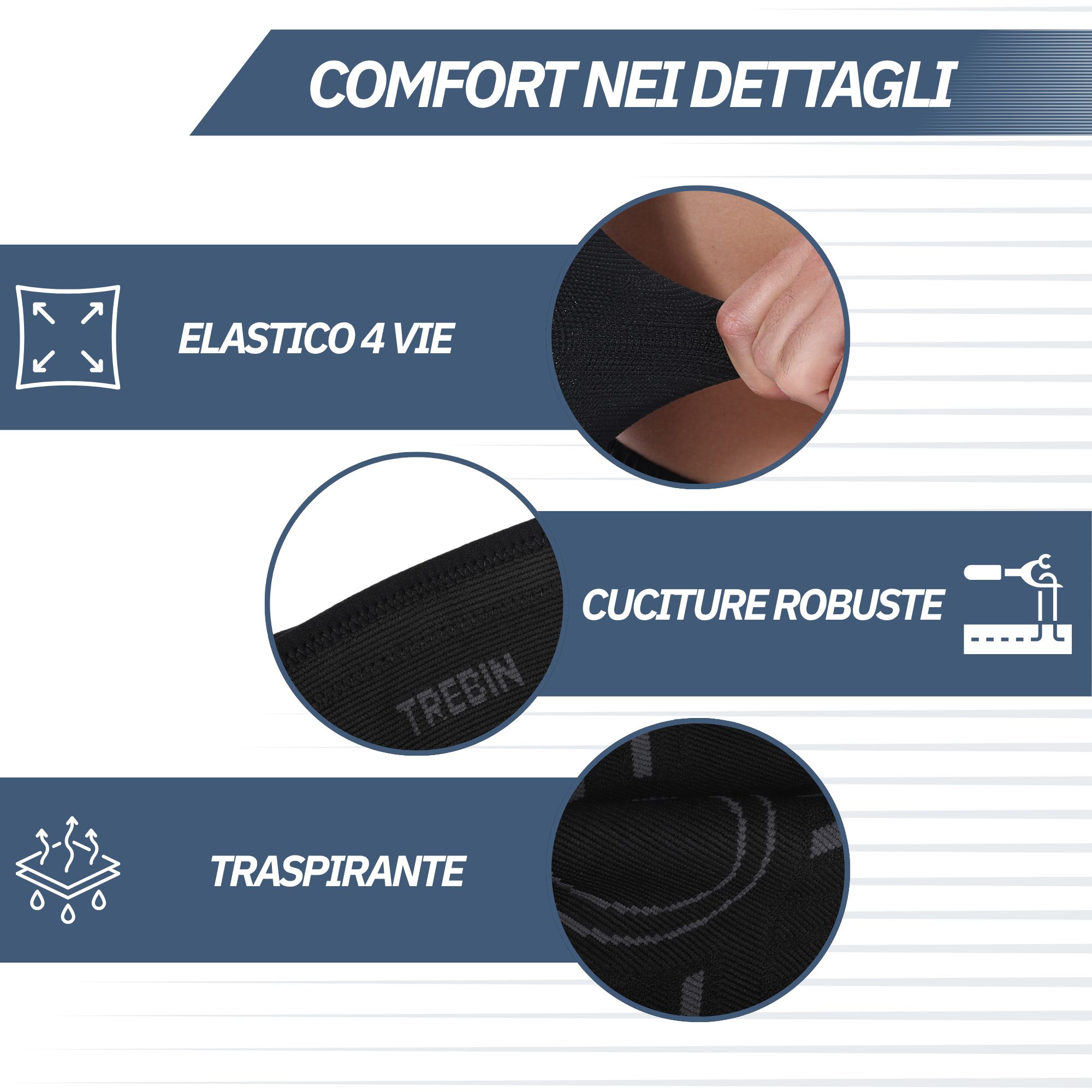 Protezione nera e traspirante per gomito con cuciture robuste e stretch 4 vie. Marca TREBIN.
