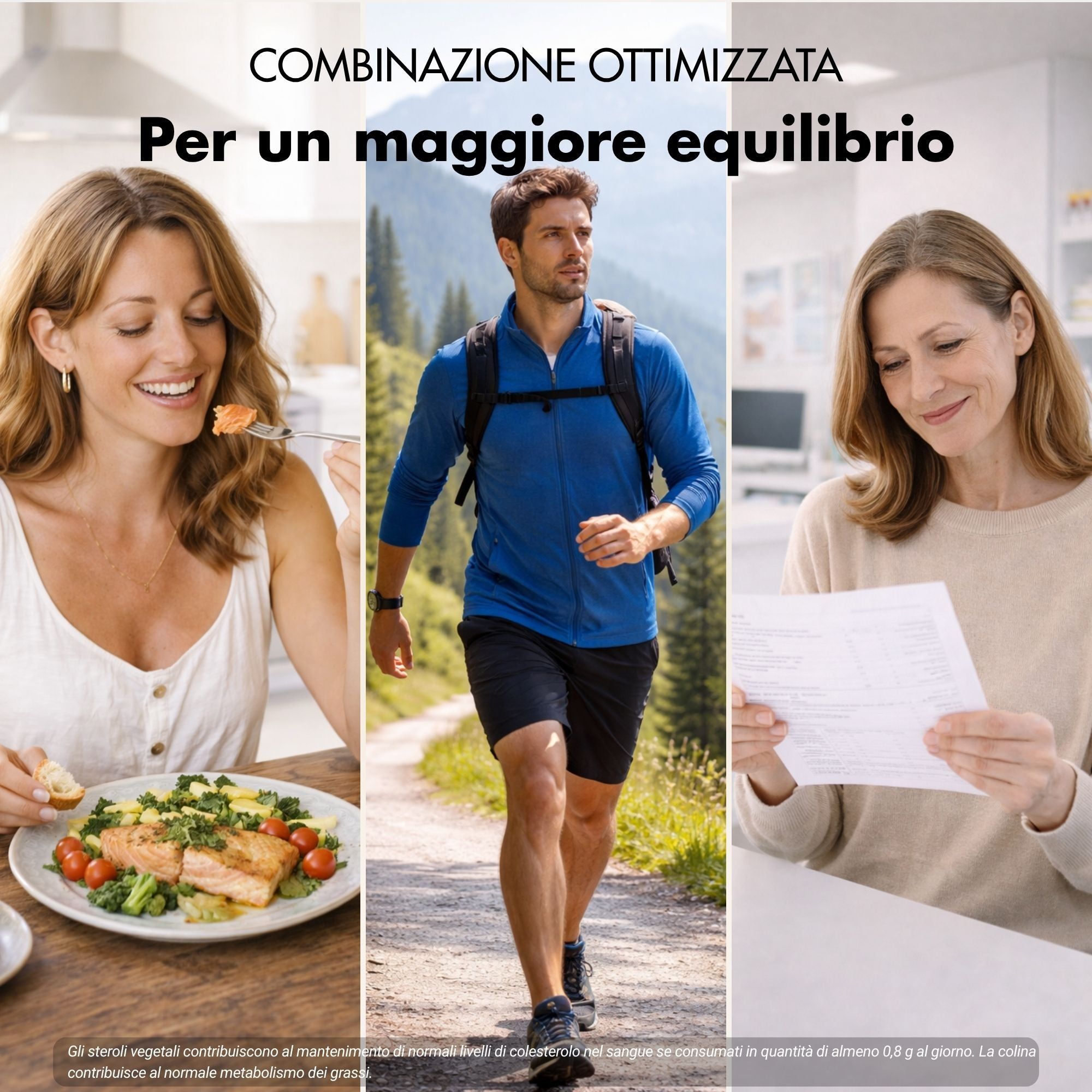 Tre persone in situazioni quotidiane. Testo: Combinazione ottimizzata di sostanze naturali. XTRA FUEL.