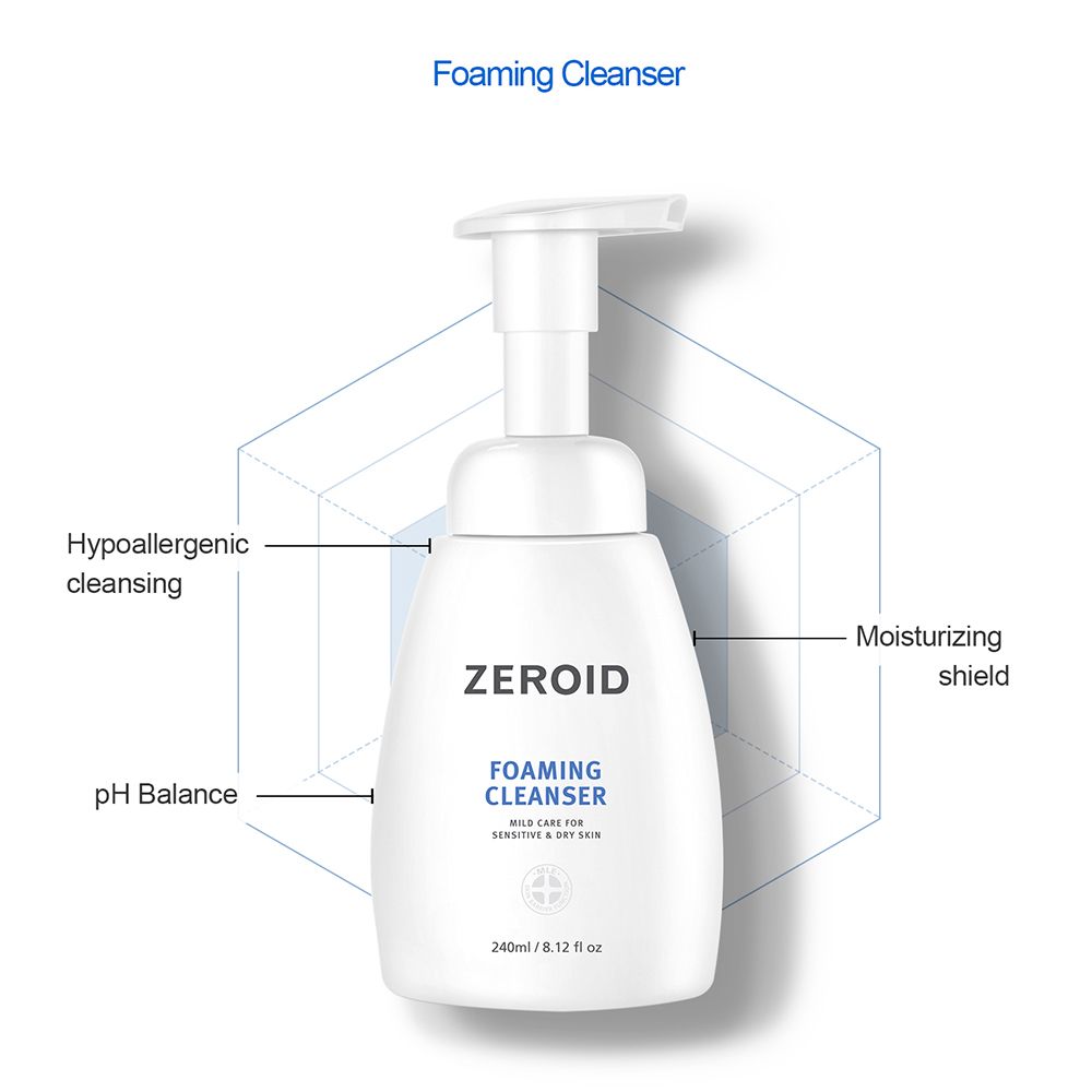 Flacone bianco ZEROID Foaming Cleanser con testo: Foaming Cleanser, mild care for sensitive & dry skin. 240ml/8.12 fl oz. Diagramma con frecce.