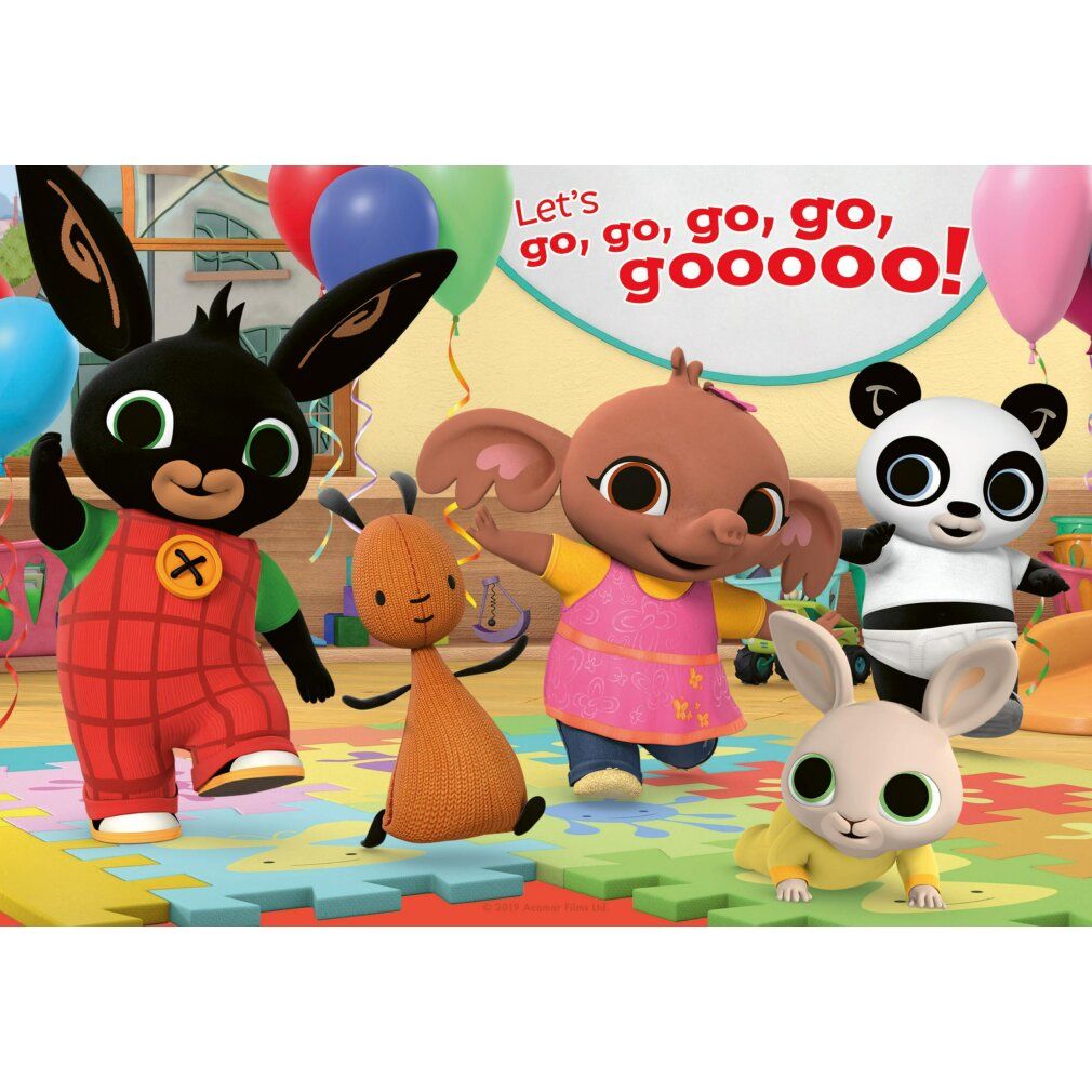 Puzzle con personaggi in una stanza. Bing e altri personaggi ballano. Palloncini sullo sfondo. Un motivo è sul pavimento.
