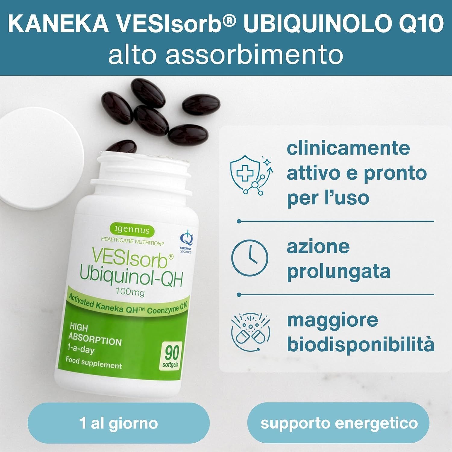 Flacone di Igennus Ubiquinol-QH con icone per attività clinica ed energia.